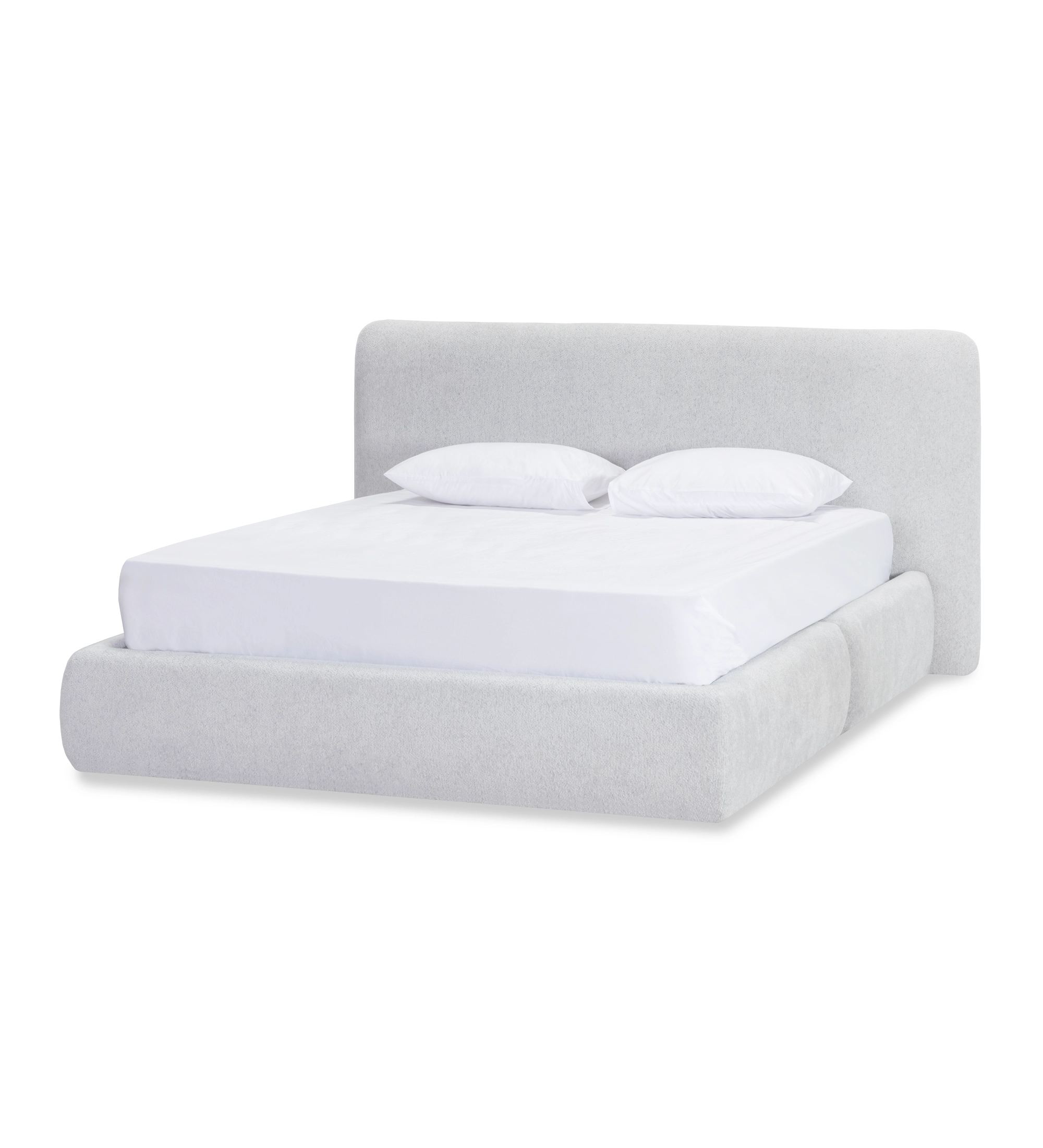Double bed with short headboard, upholstered in grey fabric.