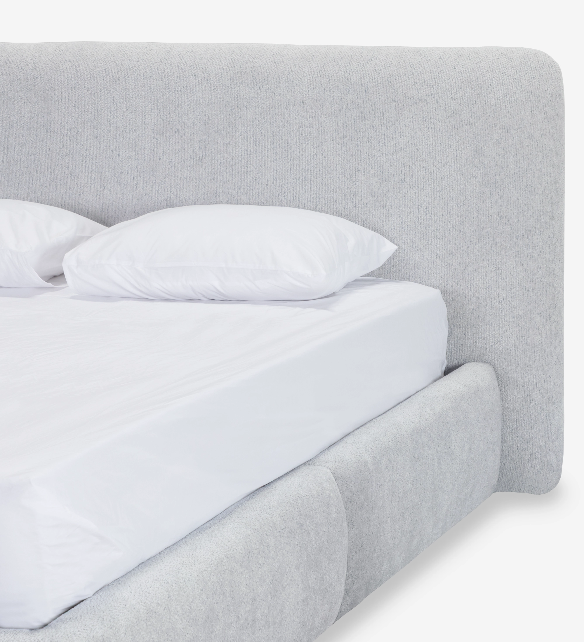 Double bed with short headboard, upholstered in grey fabric.