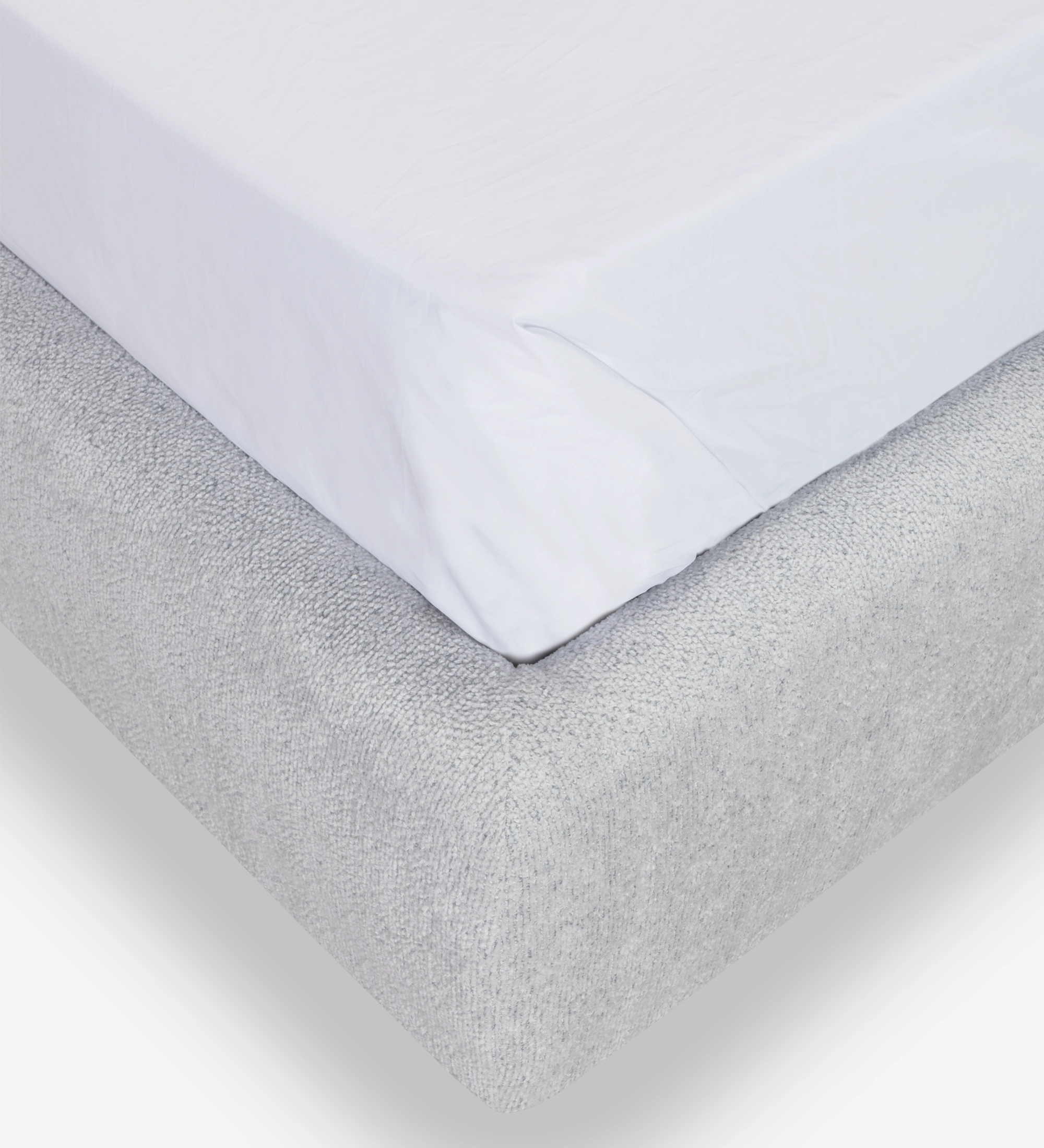 Double bed with short headboard, upholstered in grey fabric.
