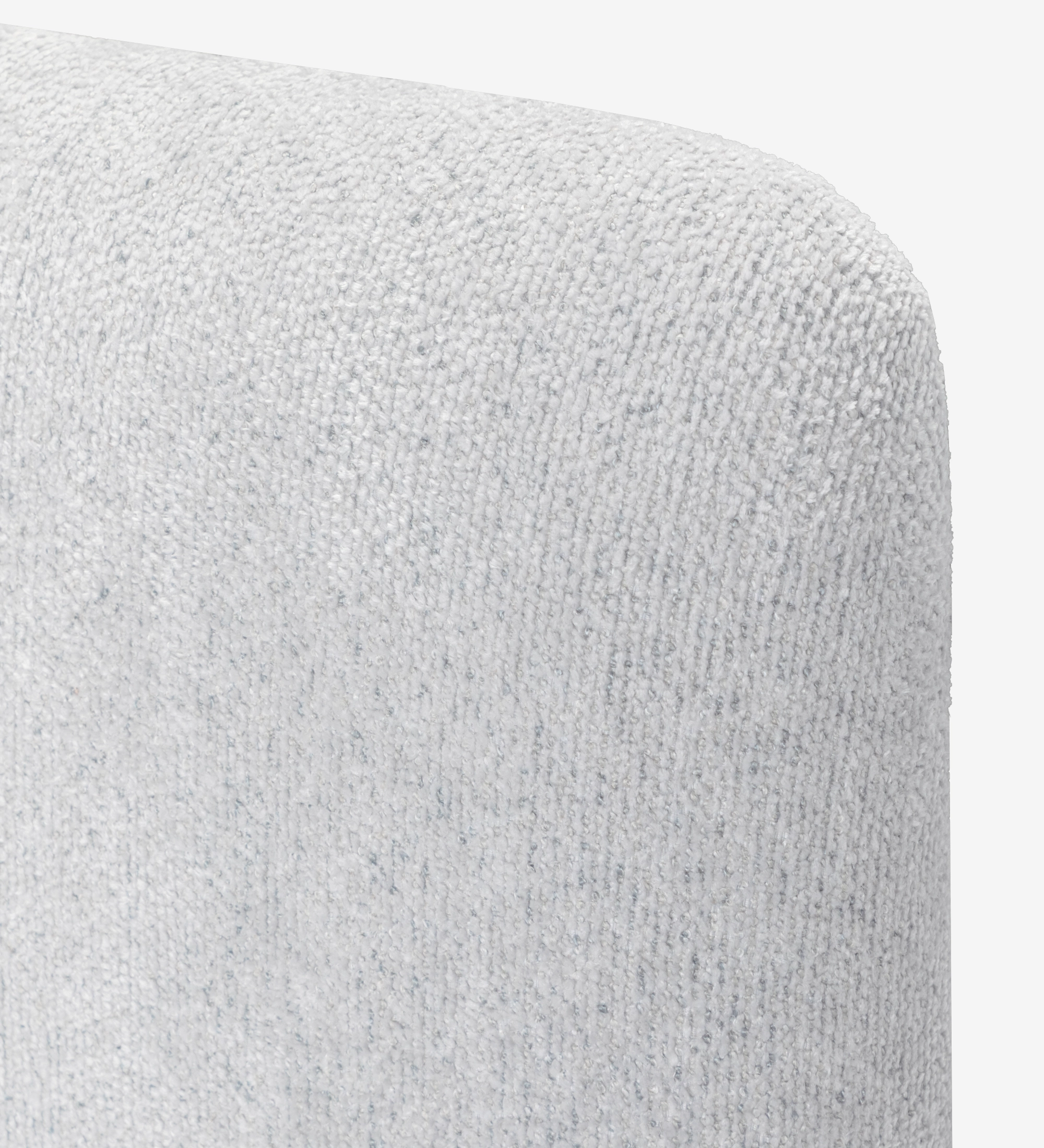 Double bed with short headboard, upholstered in grey fabric.