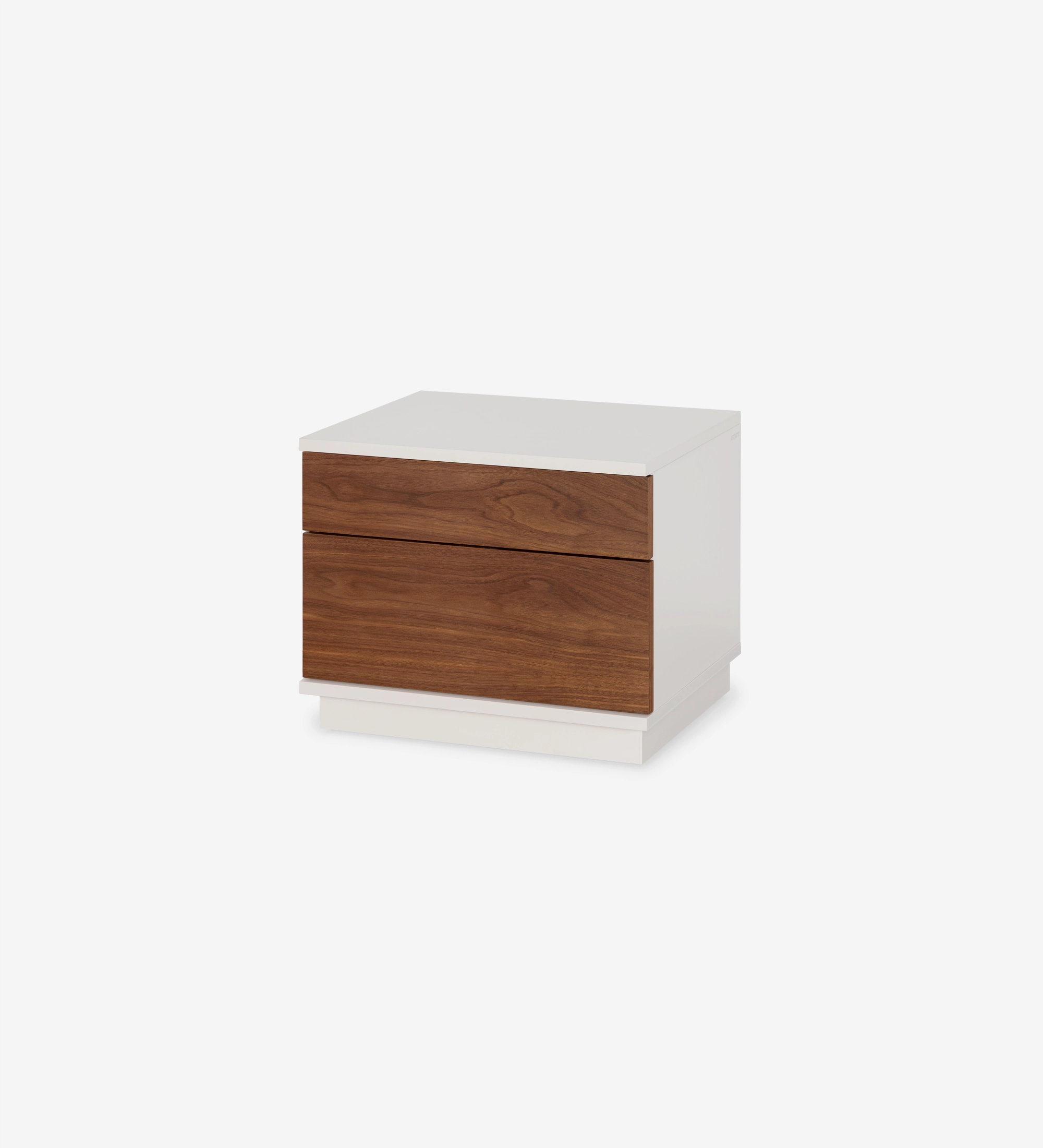 Mesa de cabeceira com 2 gavetas em nogueira natural, estrutura em pérola.