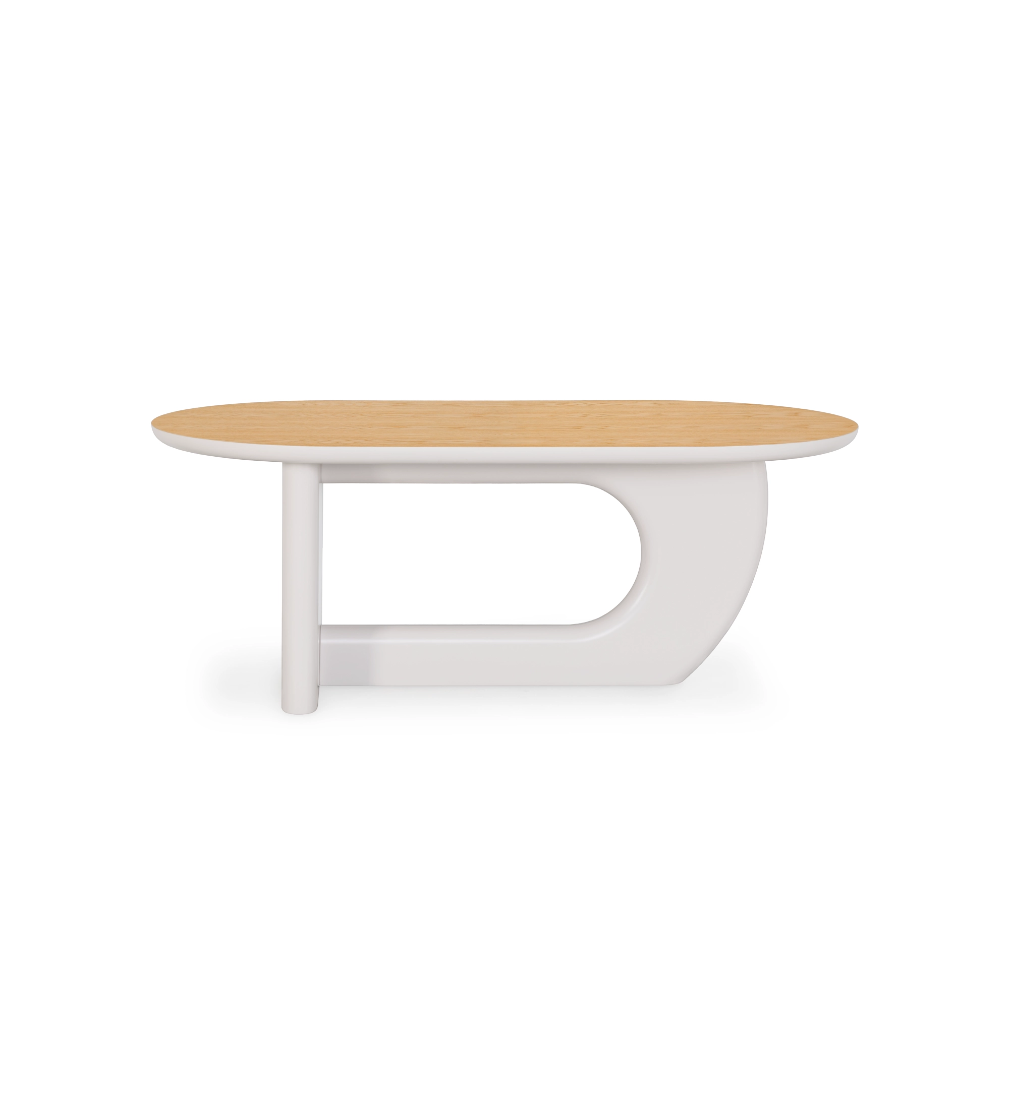 Table à manger ovale avec plateau en chêne naturel et pied laqué couleur perle.