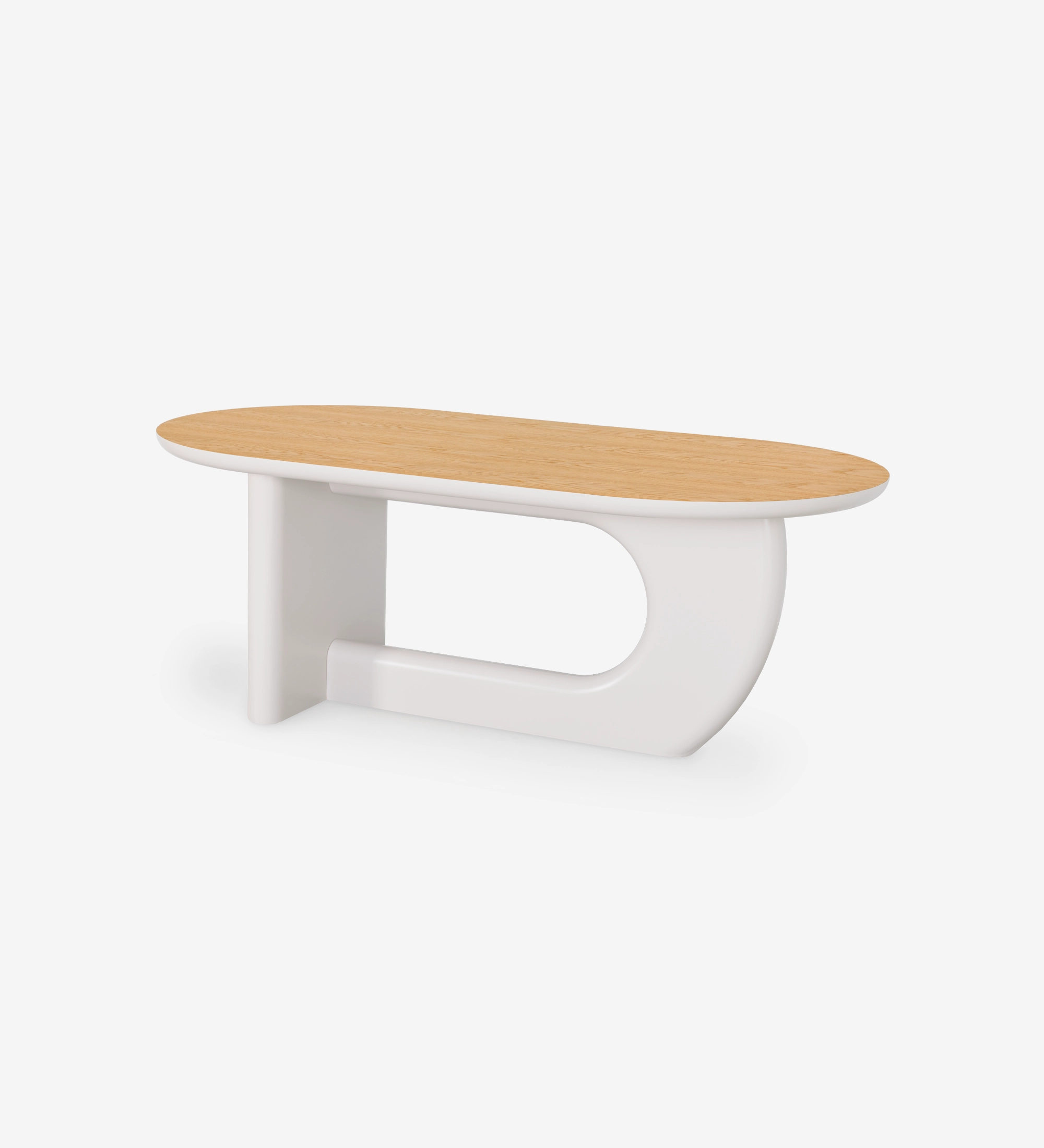 Table à manger ovale avec plateau en chêne naturel et pied laqué couleur perle.