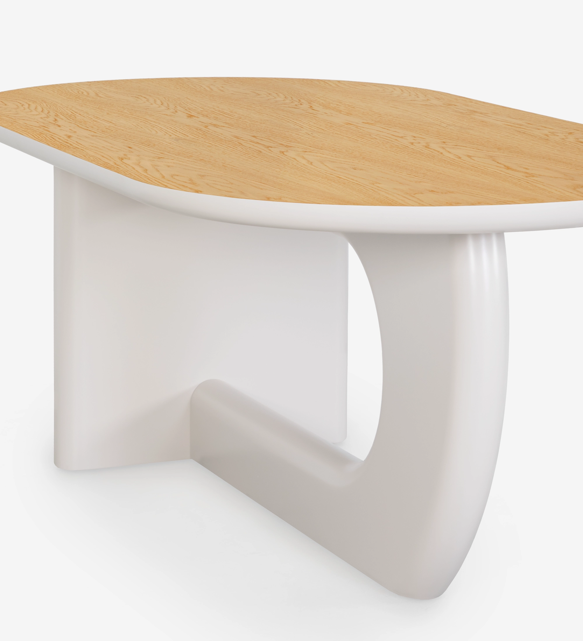 Table à manger ovale avec plateau en chêne naturel et pied laqué couleur perle.