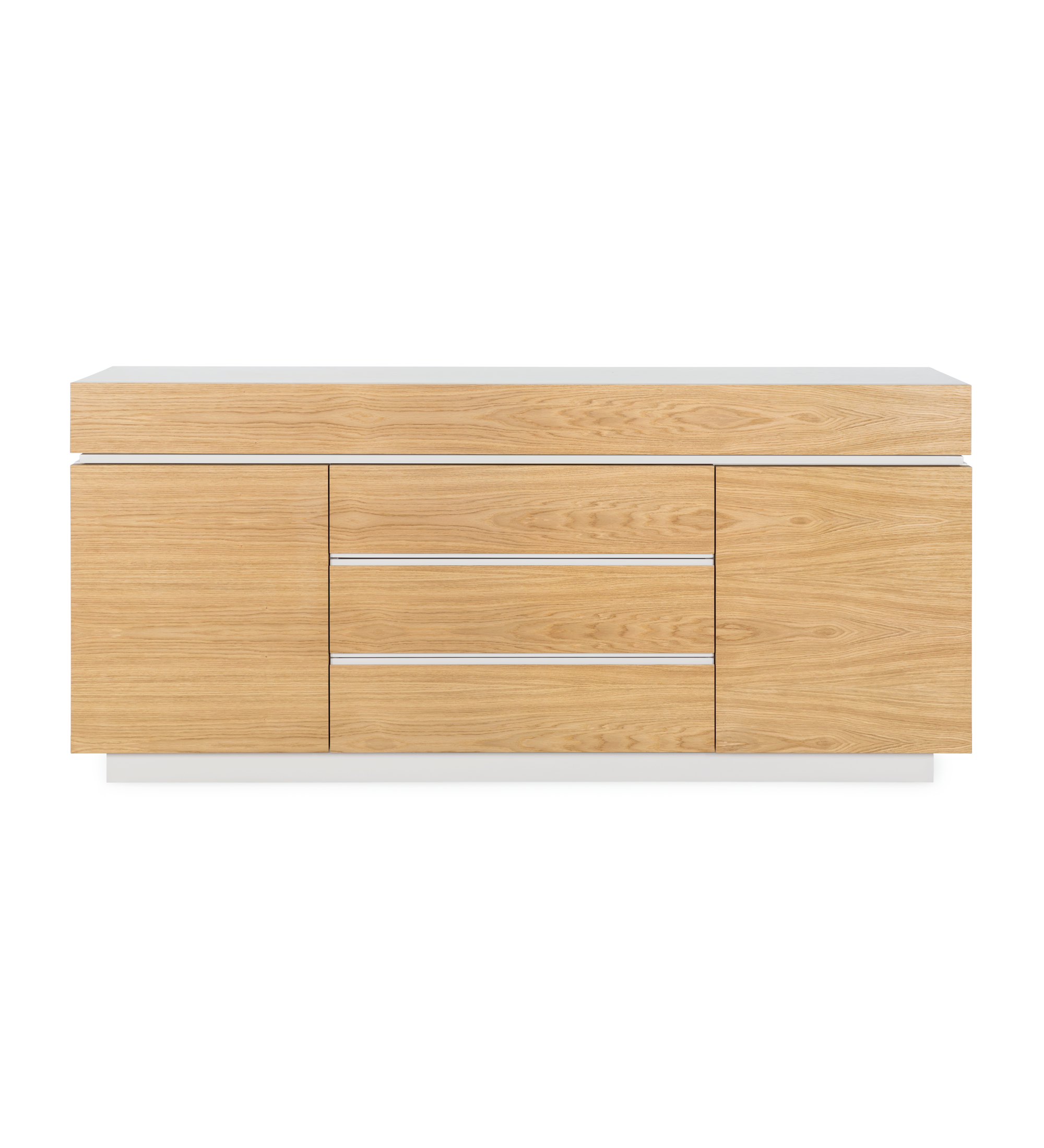 Sideboard with doors and drawers in natural oak, pearl lacquered structure, with drawer for cutlery.