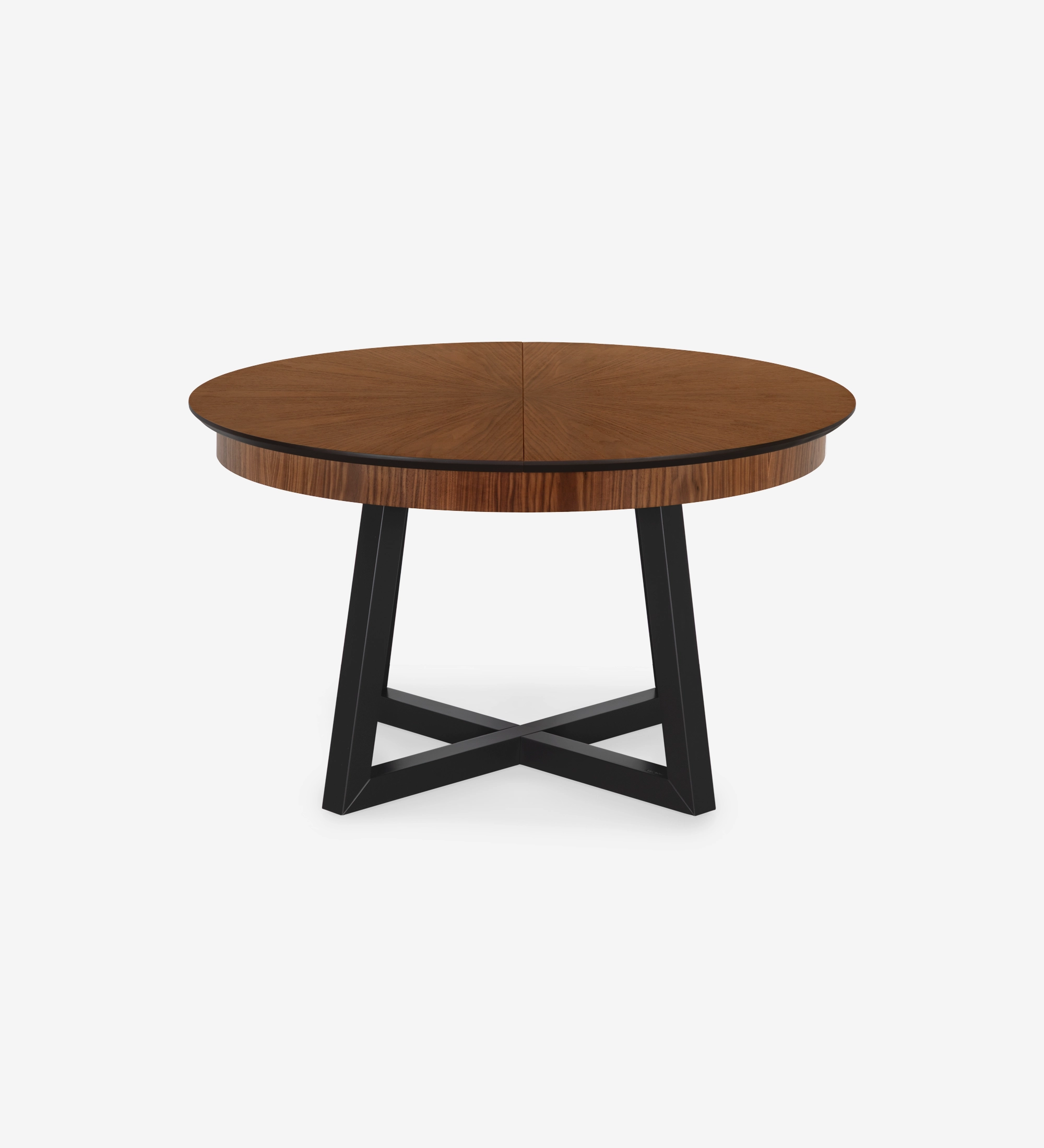 Mesa de jantar extensível redonda com tampo espinhado em nogueira natural e pés lacados a negro