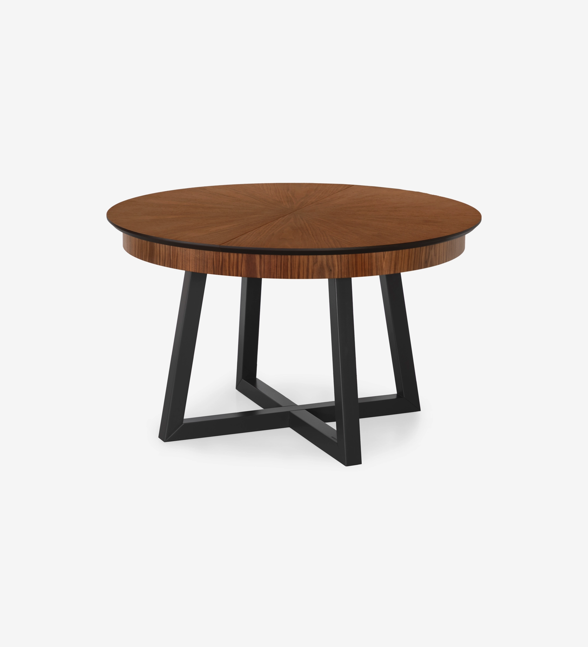 Mesa de jantar extensível redonda com tampo espinhado em nogueira natural e pés lacados a negro