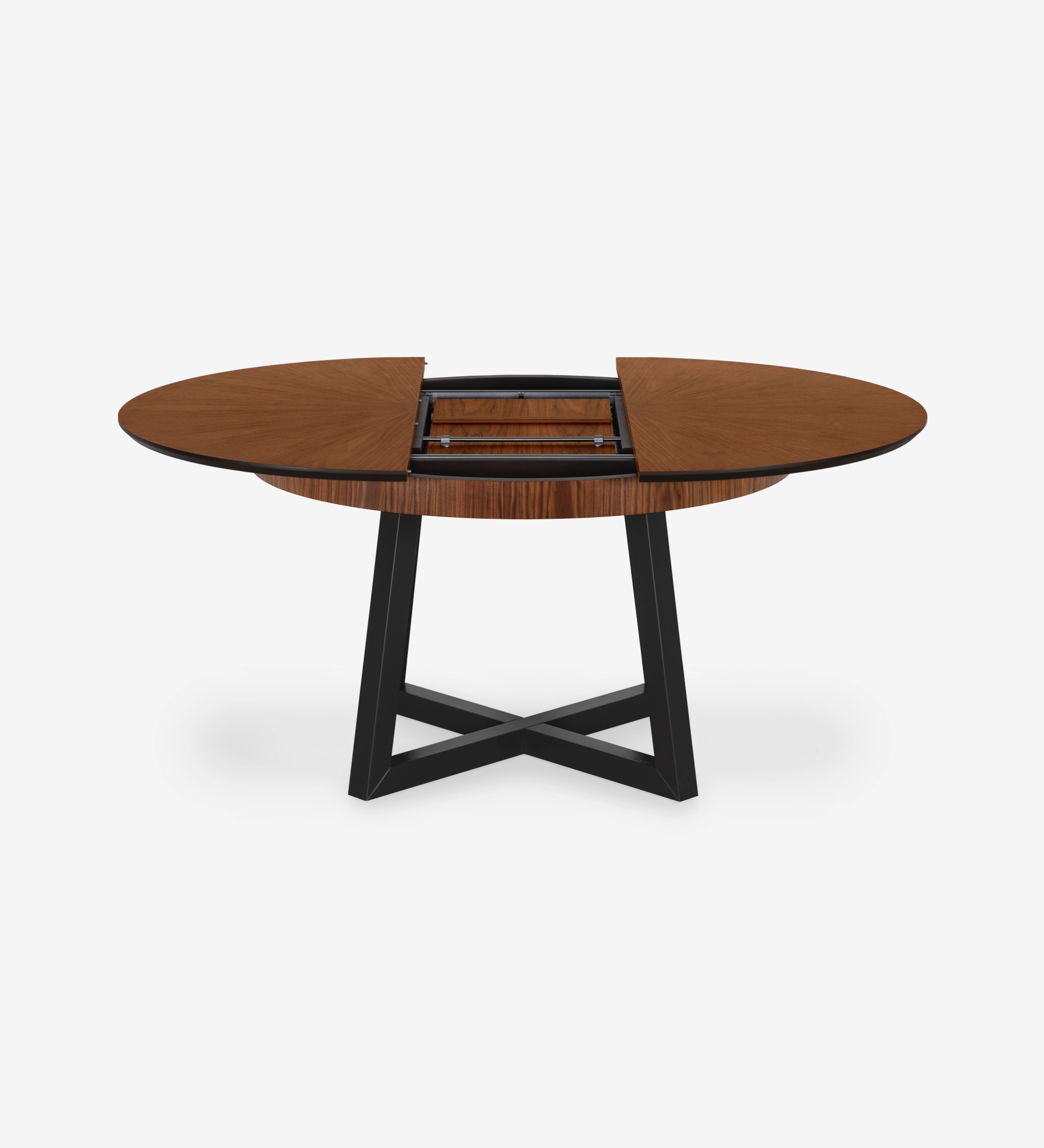 Mesa de jantar extensível redonda com tampo espinhado em nogueira natural e pés lacados a negro