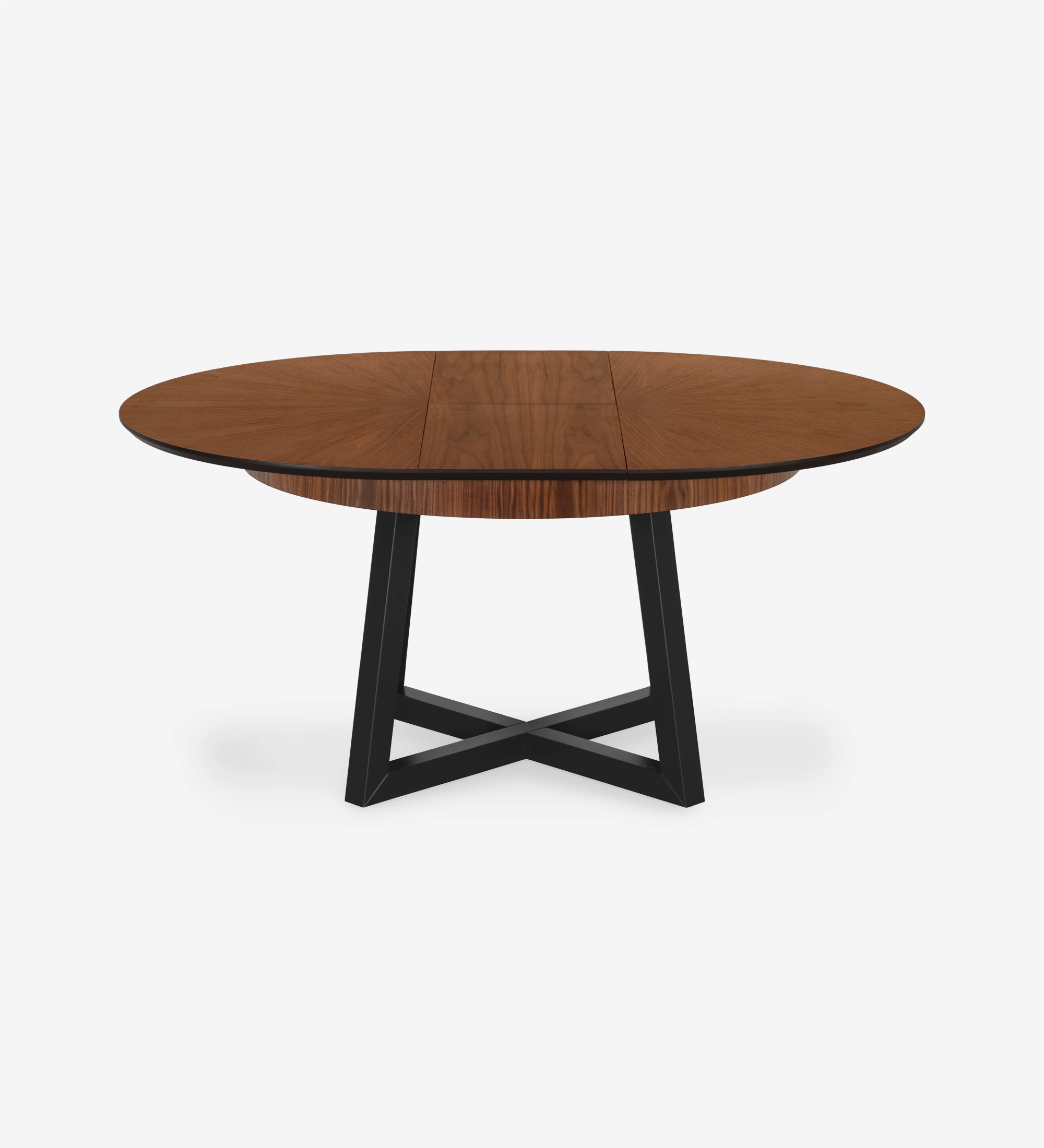 Mesa de jantar extensível redonda com tampo espinhado em nogueira natural e pés lacados a negro
