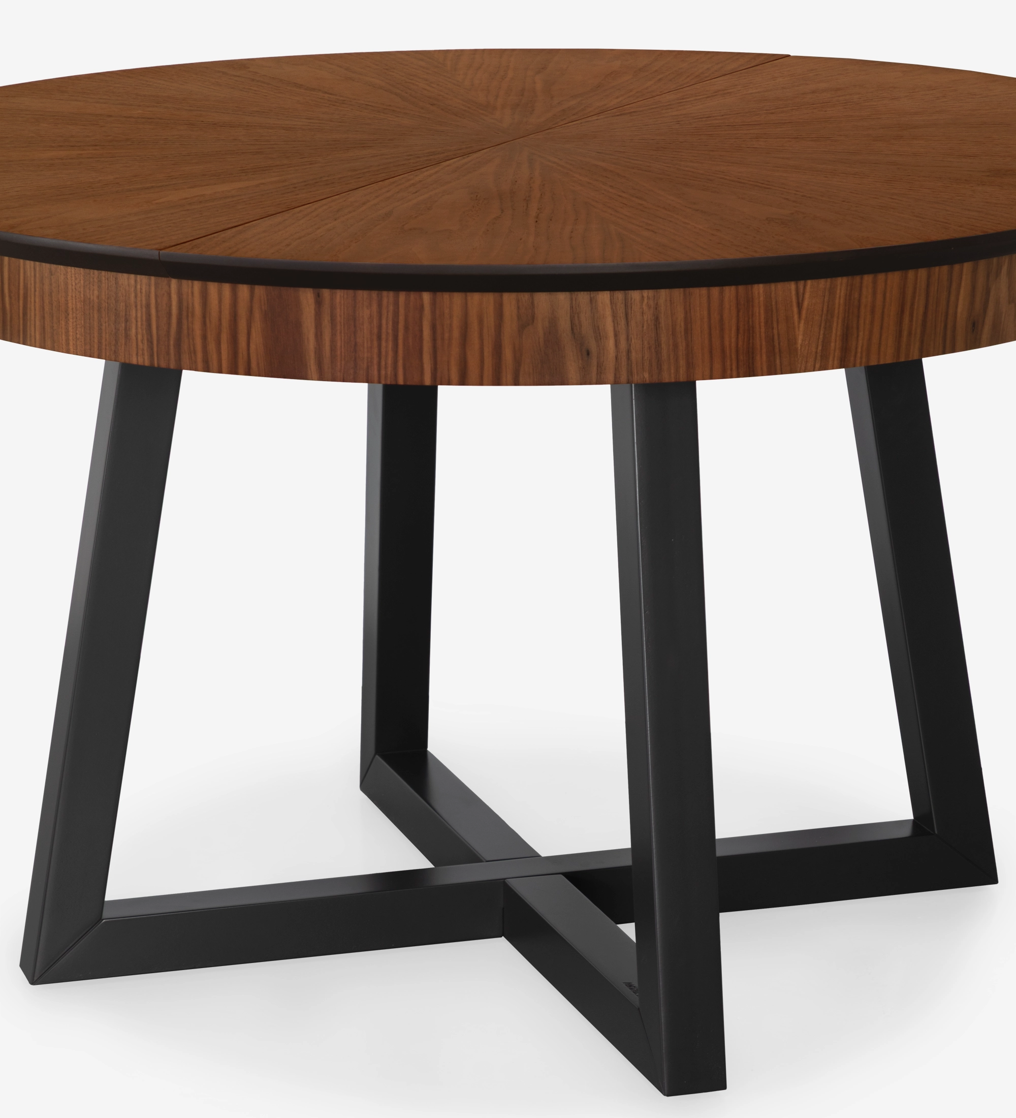 Mesa de jantar extensível redonda com tampo espinhado em nogueira natural e pés lacados a negro