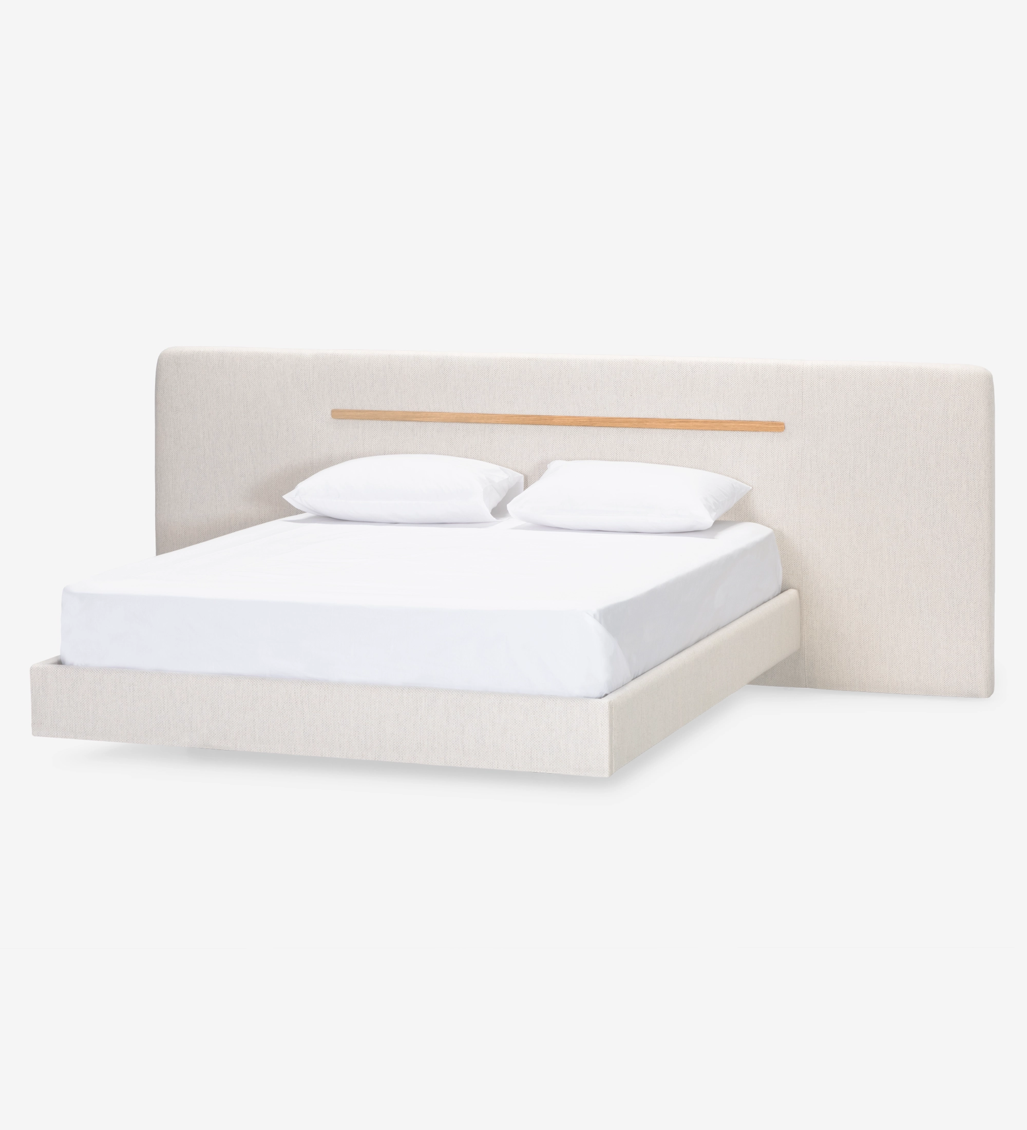 Double bed with upholstered headboard and suspended base in beige fabric, detailed in natural oak.