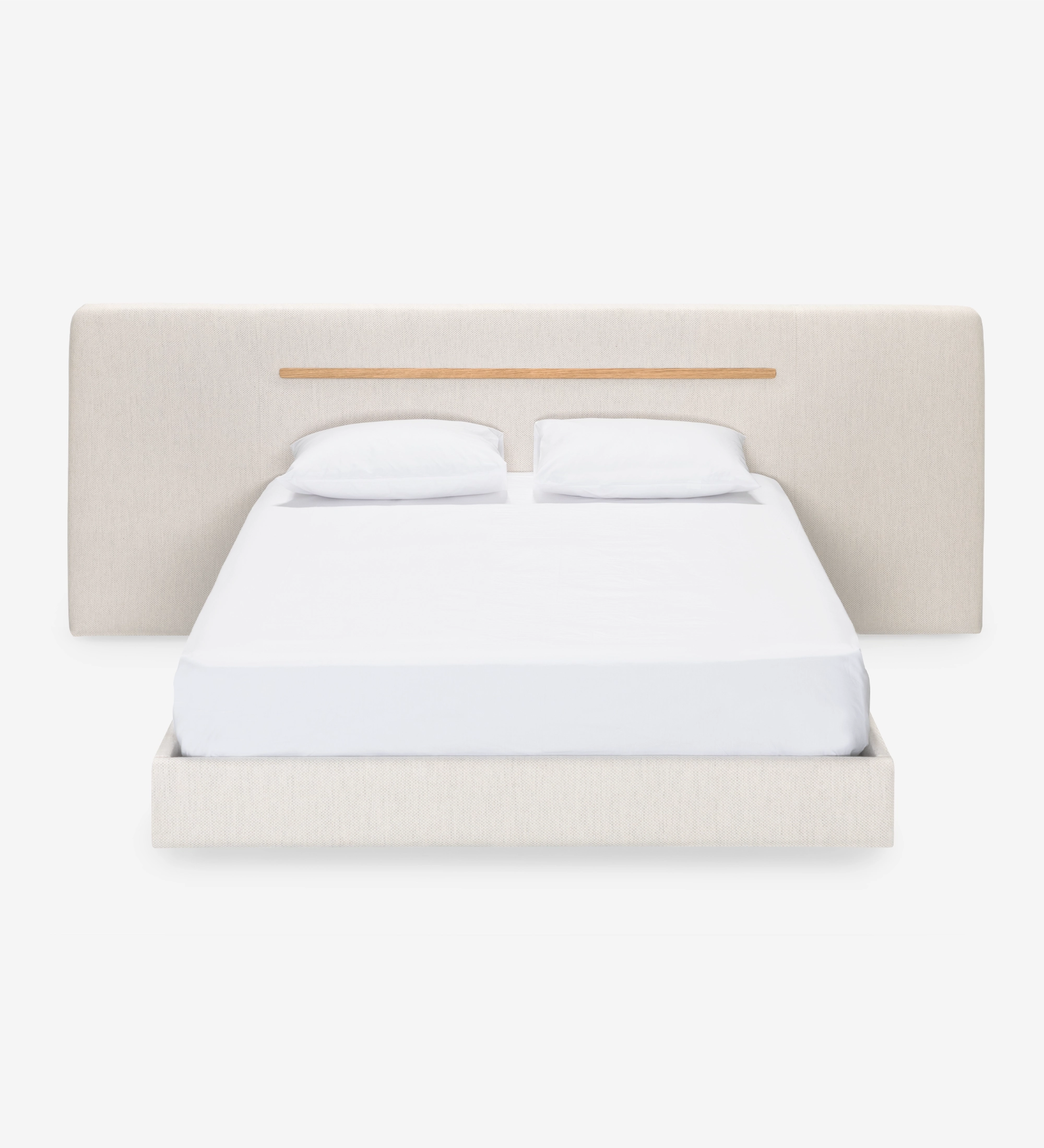 Double bed with upholstered headboard and suspended base in beige fabric, detailed in natural oak.