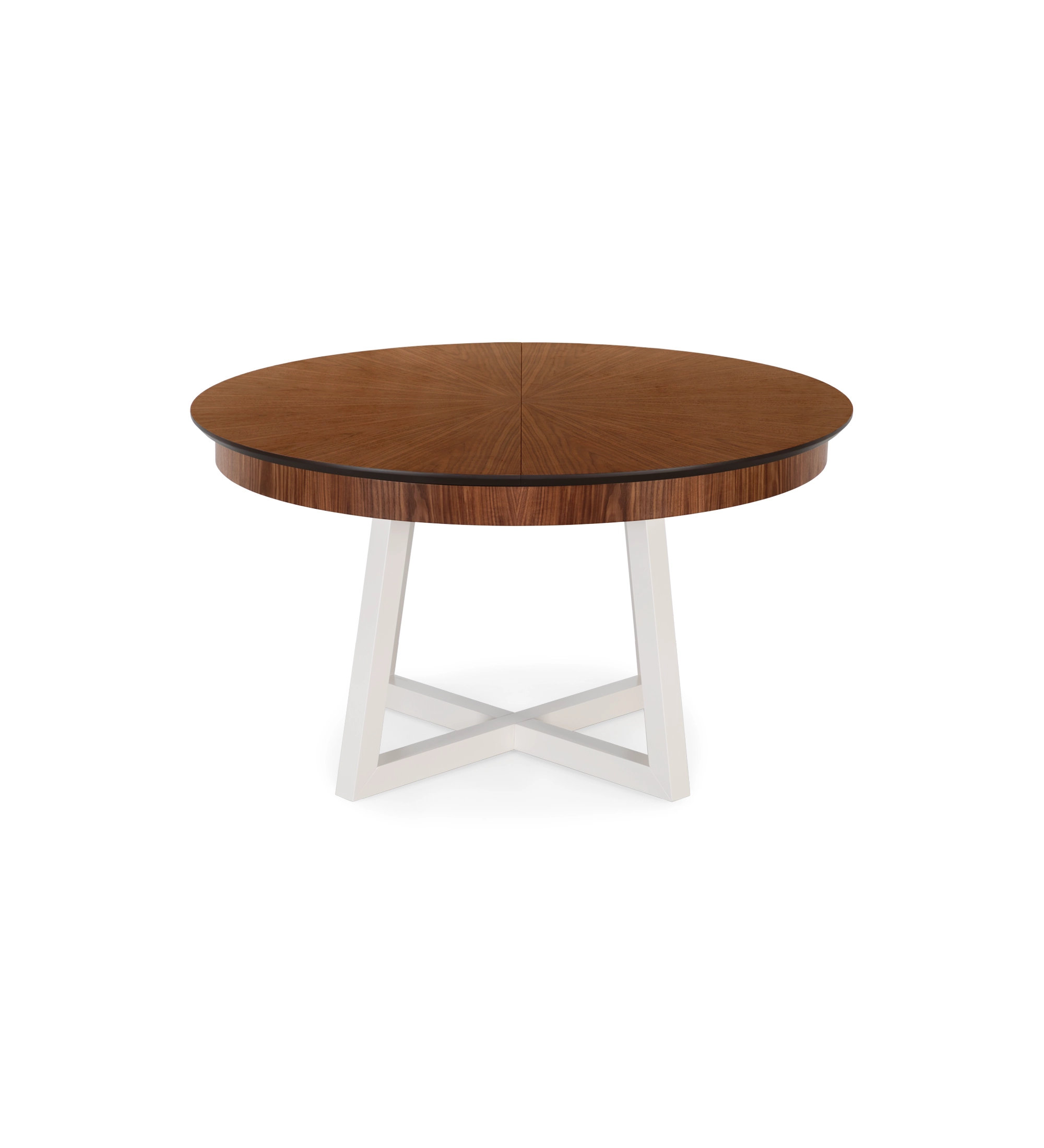 Table de repas ronde extensible avec plateau en noyer naturel et pieds laqués perle.
