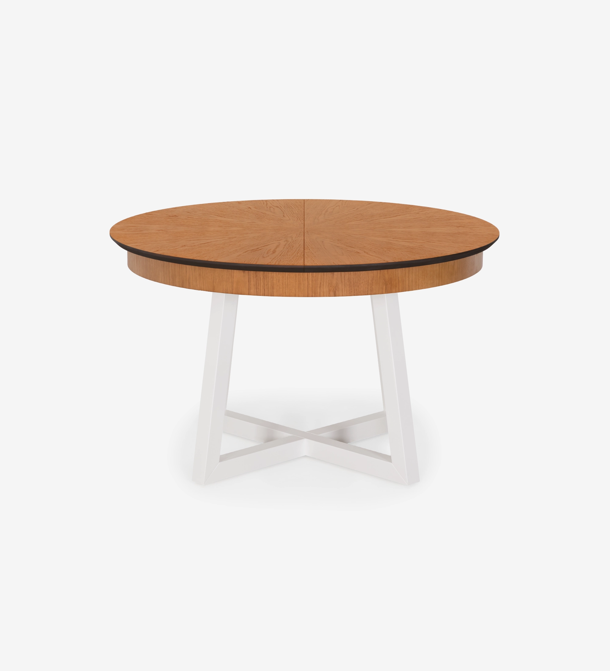 Round extendable dining table with honey oak top and pearl lacquered legs.