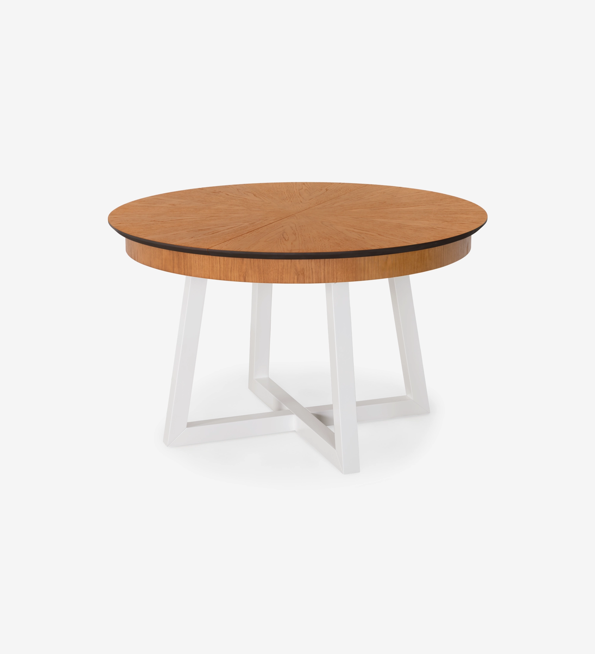Round extendable dining table with honey oak top and pearl lacquered legs.