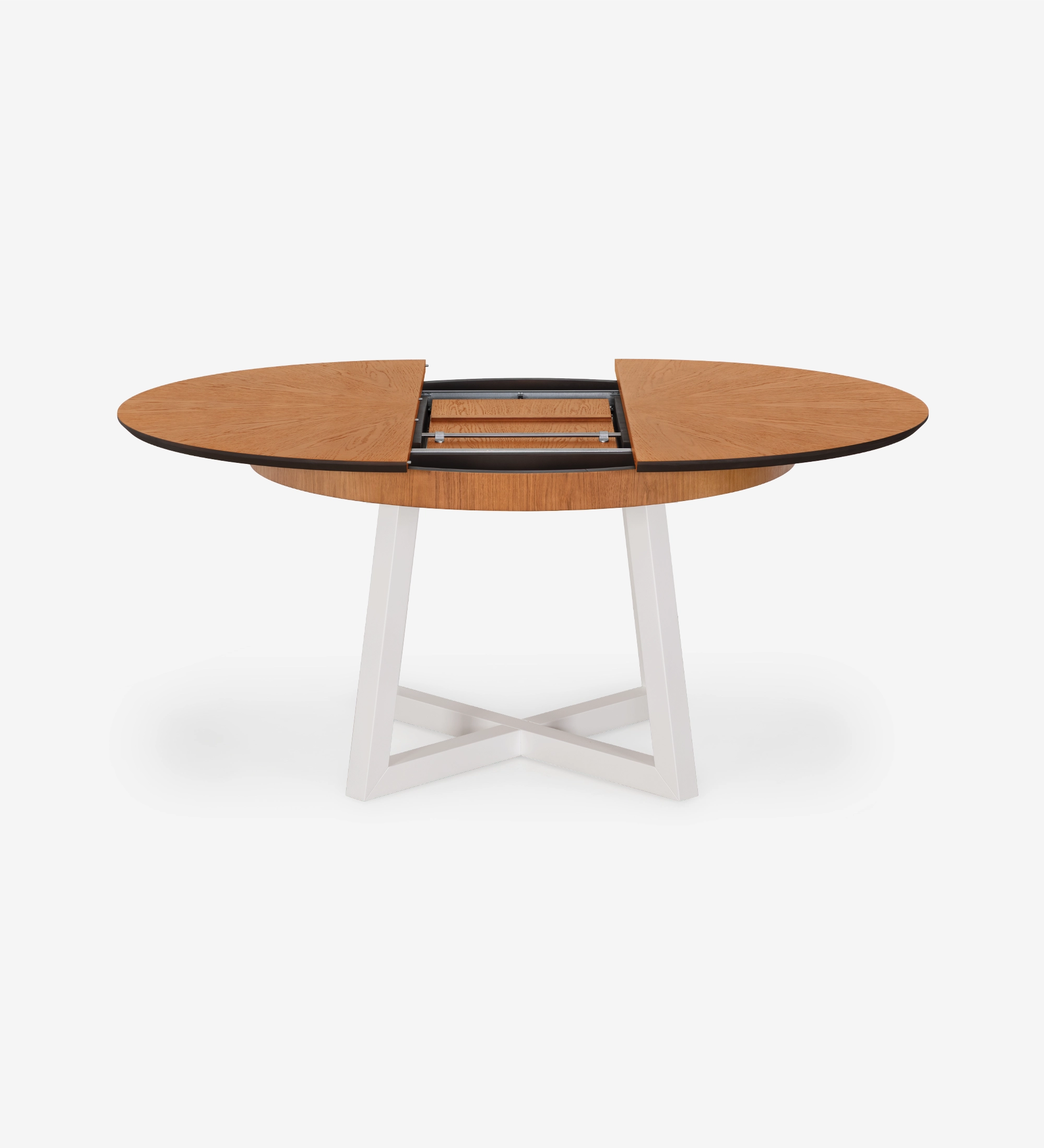 Round extendable dining table with honey oak top and pearl lacquered legs.