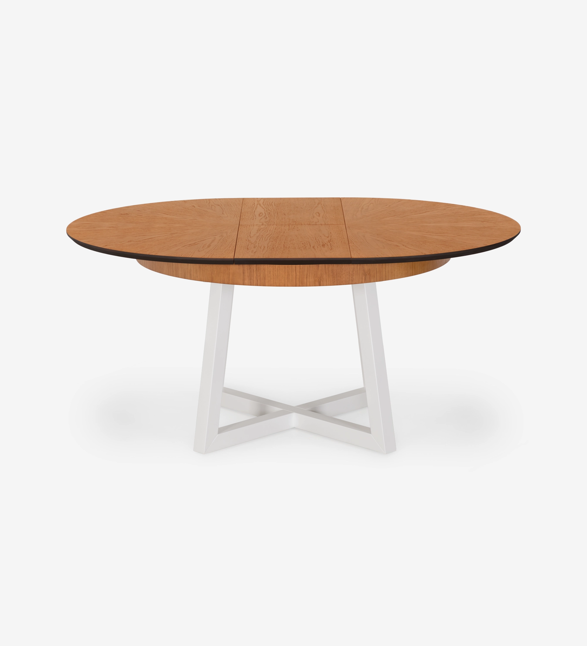Round extendable dining table with honey oak top and pearl lacquered legs.