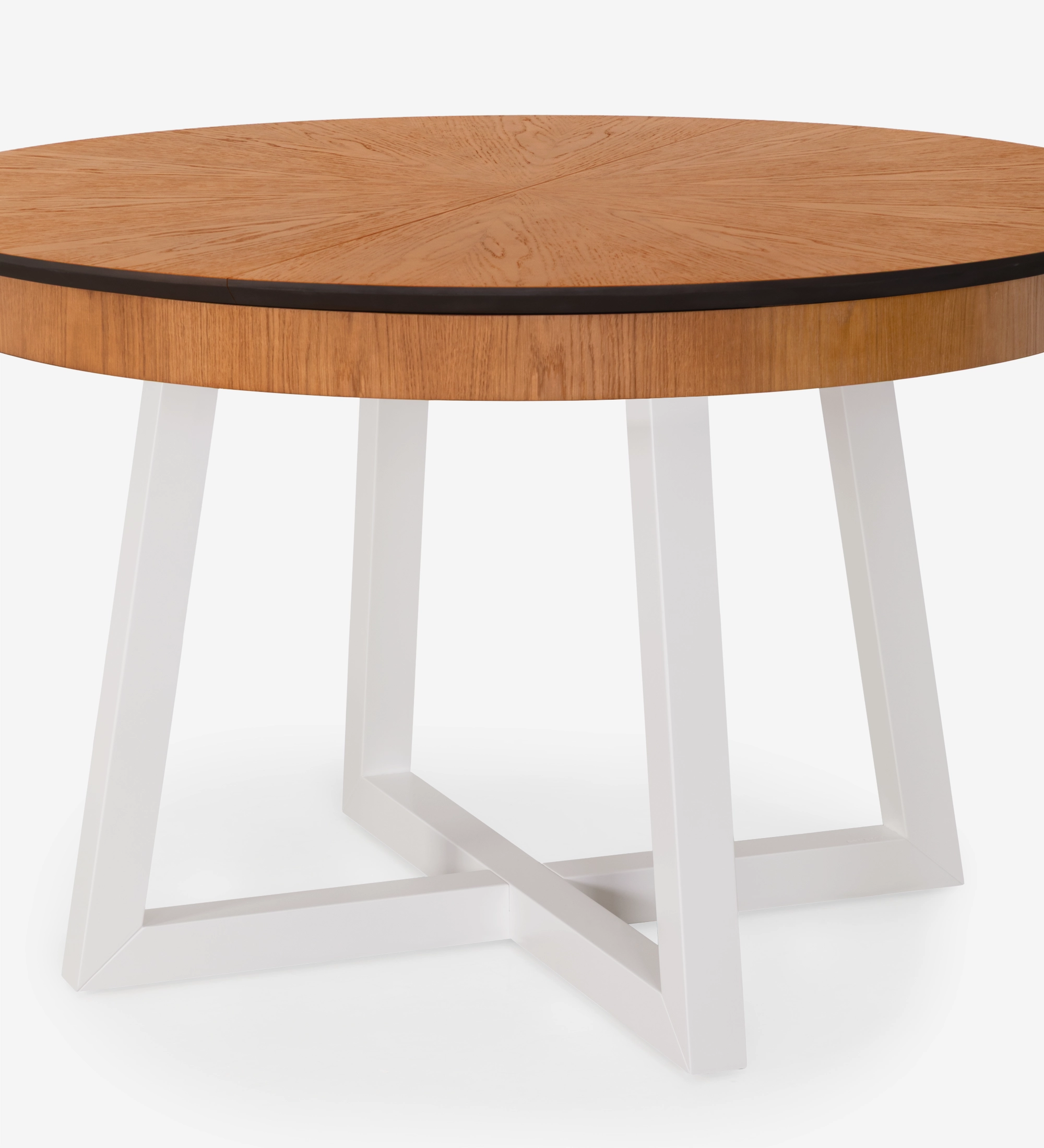 Round extendable dining table with honey oak top and pearl lacquered legs.