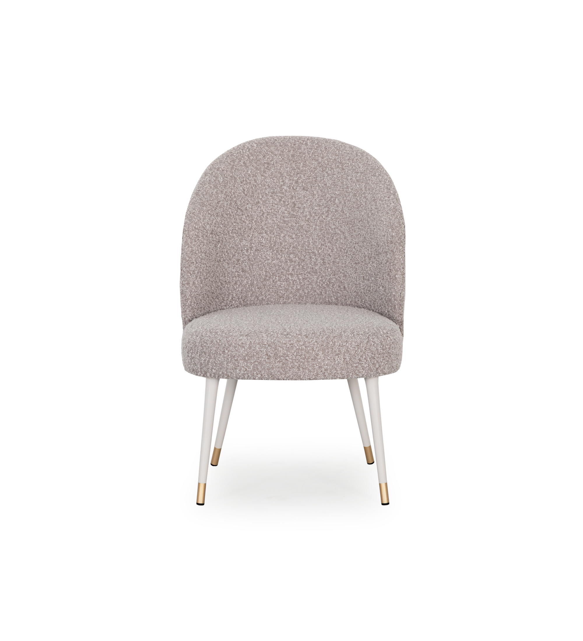 Geneve armchair upholstered in toffee fabric, pearl lacquered feet and golden detail.