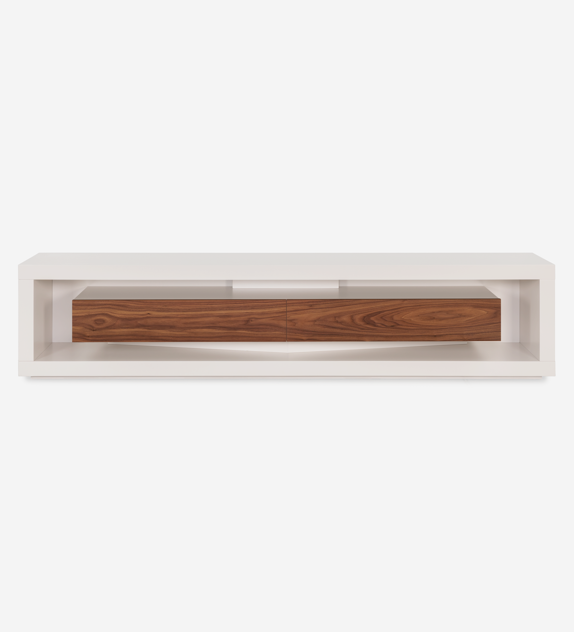 Meuble TV Londres structure et module tiroirs laquée perle, tiroirs en noyer naturel, 250 x 56 cm.