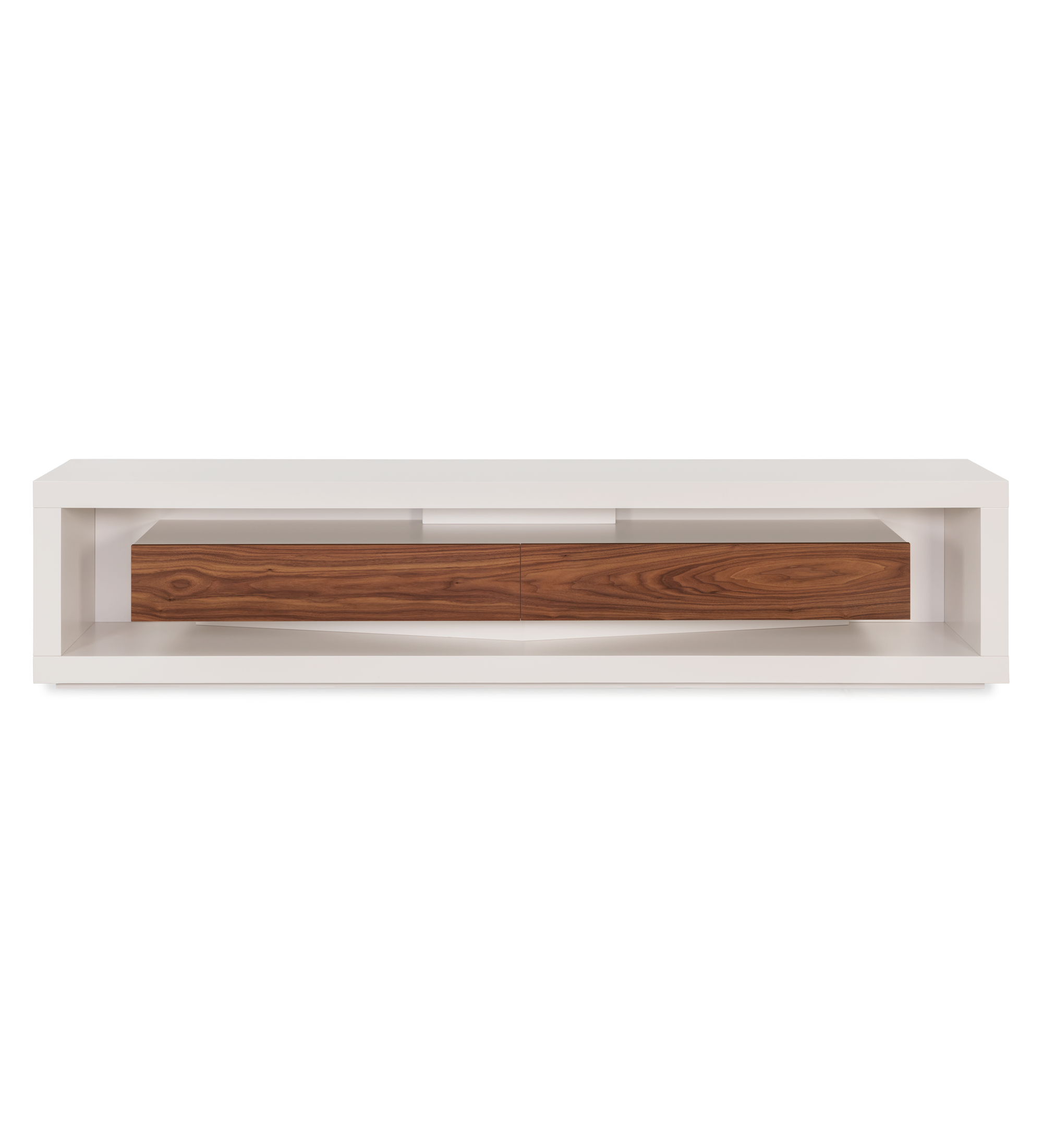 Meuble TV Londres structure et module tiroirs laquée perle, tiroirs en noyer naturel, 250 x 56 cm.