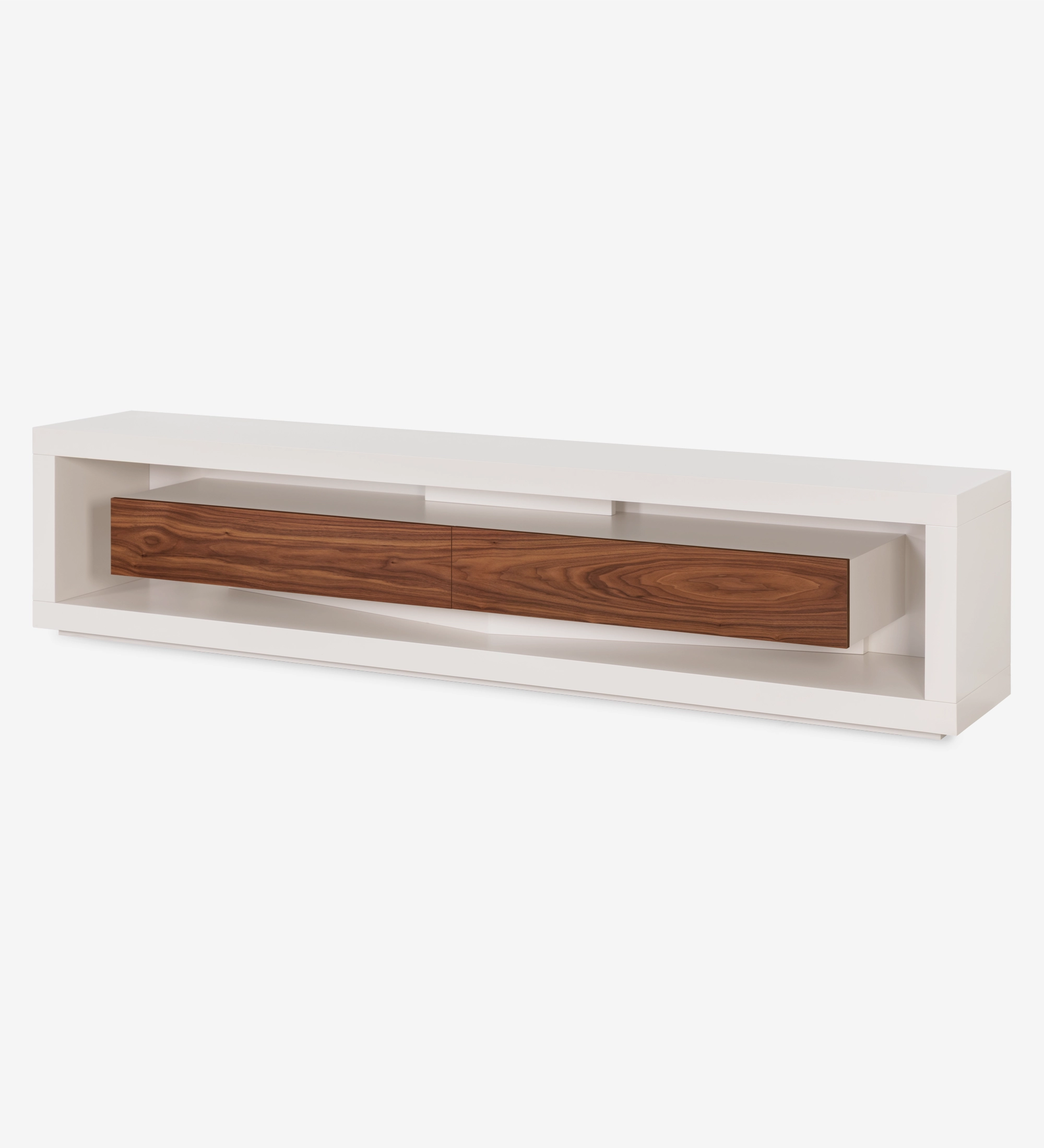 Meuble TV Londres structure et module tiroirs laquée perle, tiroirs en noyer naturel, 250 x 56 cm.