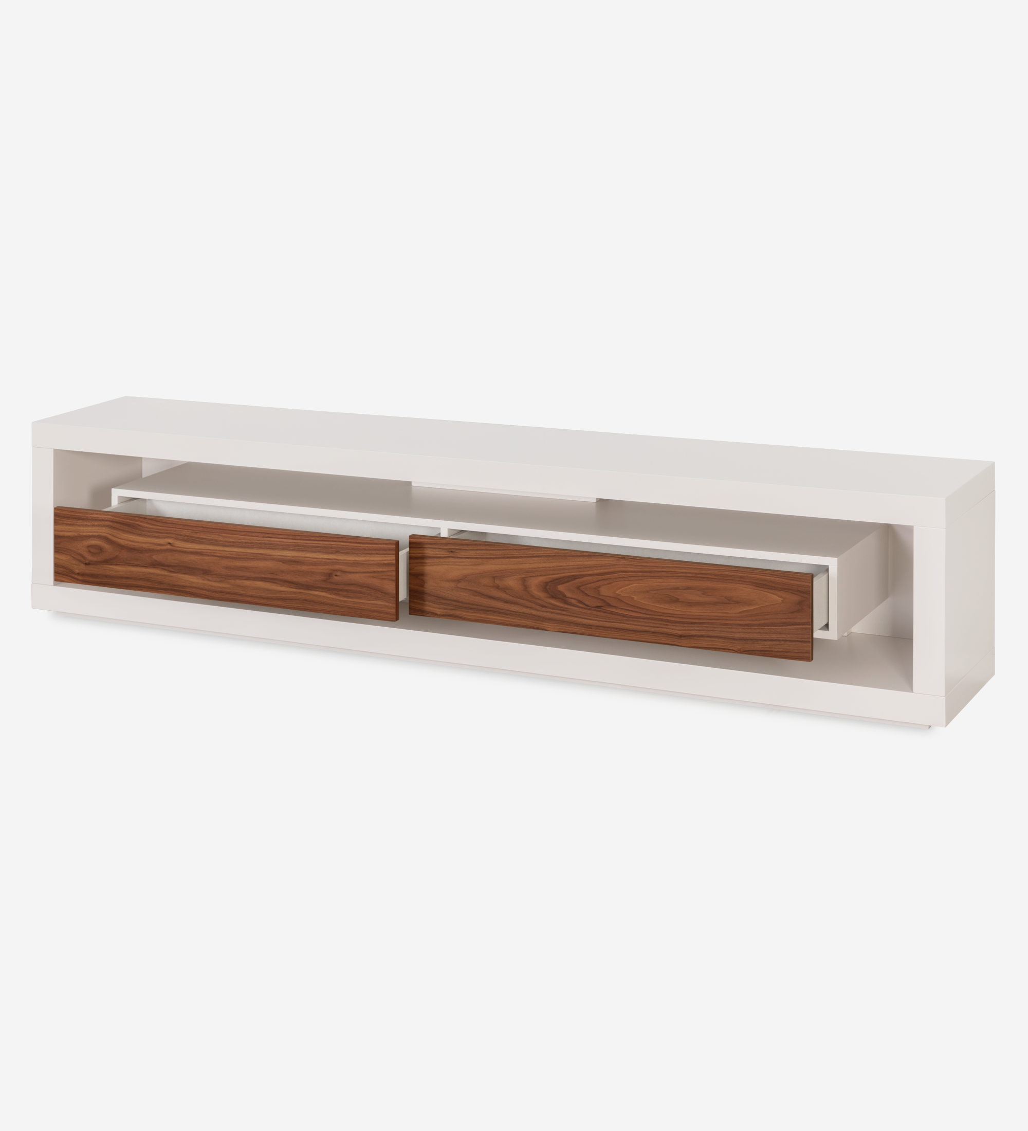 Meuble TV Londres structure et module tiroirs laquée perle, tiroirs en noyer naturel, 250 x 56 cm.