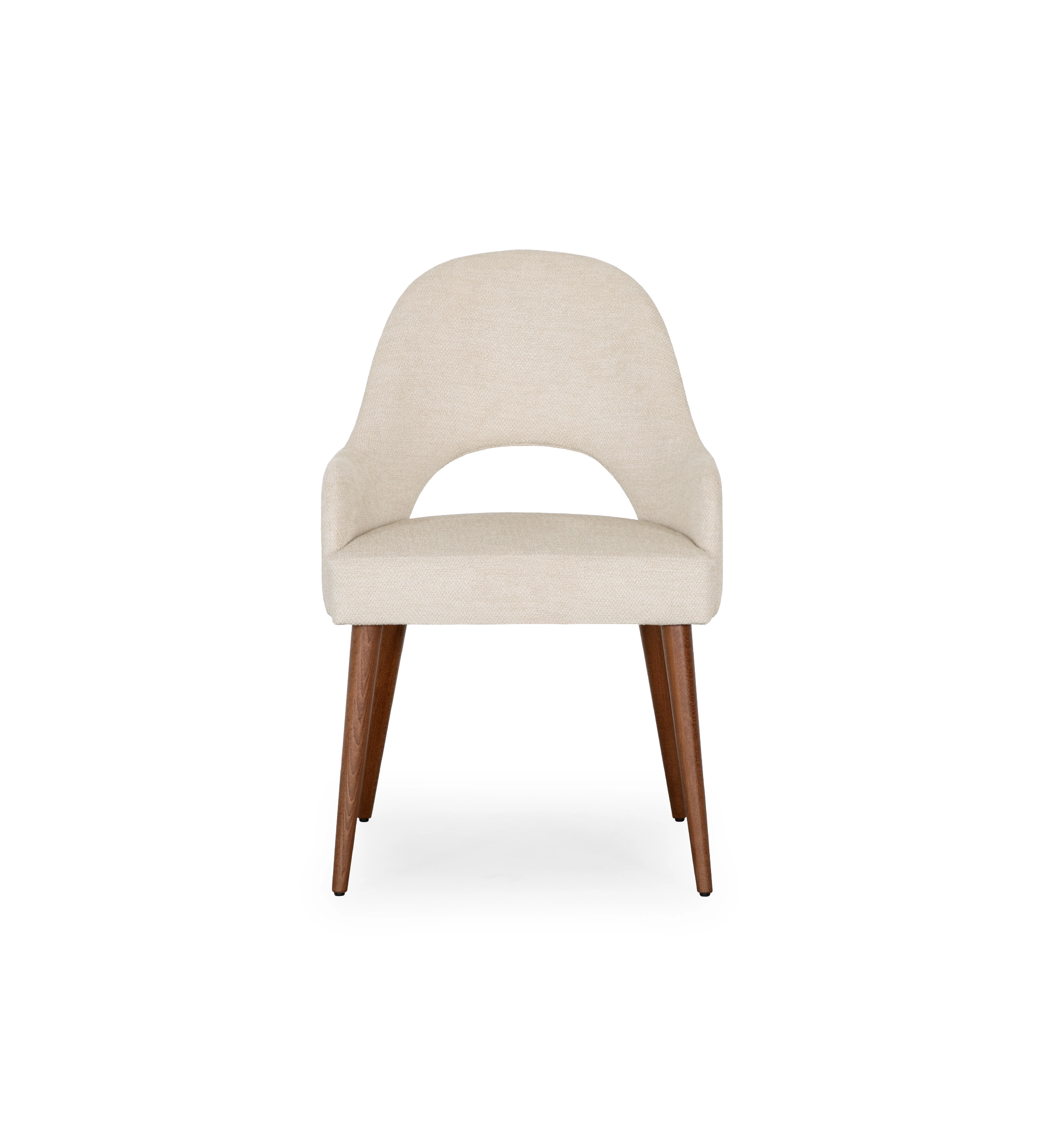 Chair with armrests, upholstered in beige fabric, with walnut-colored wooden legs.