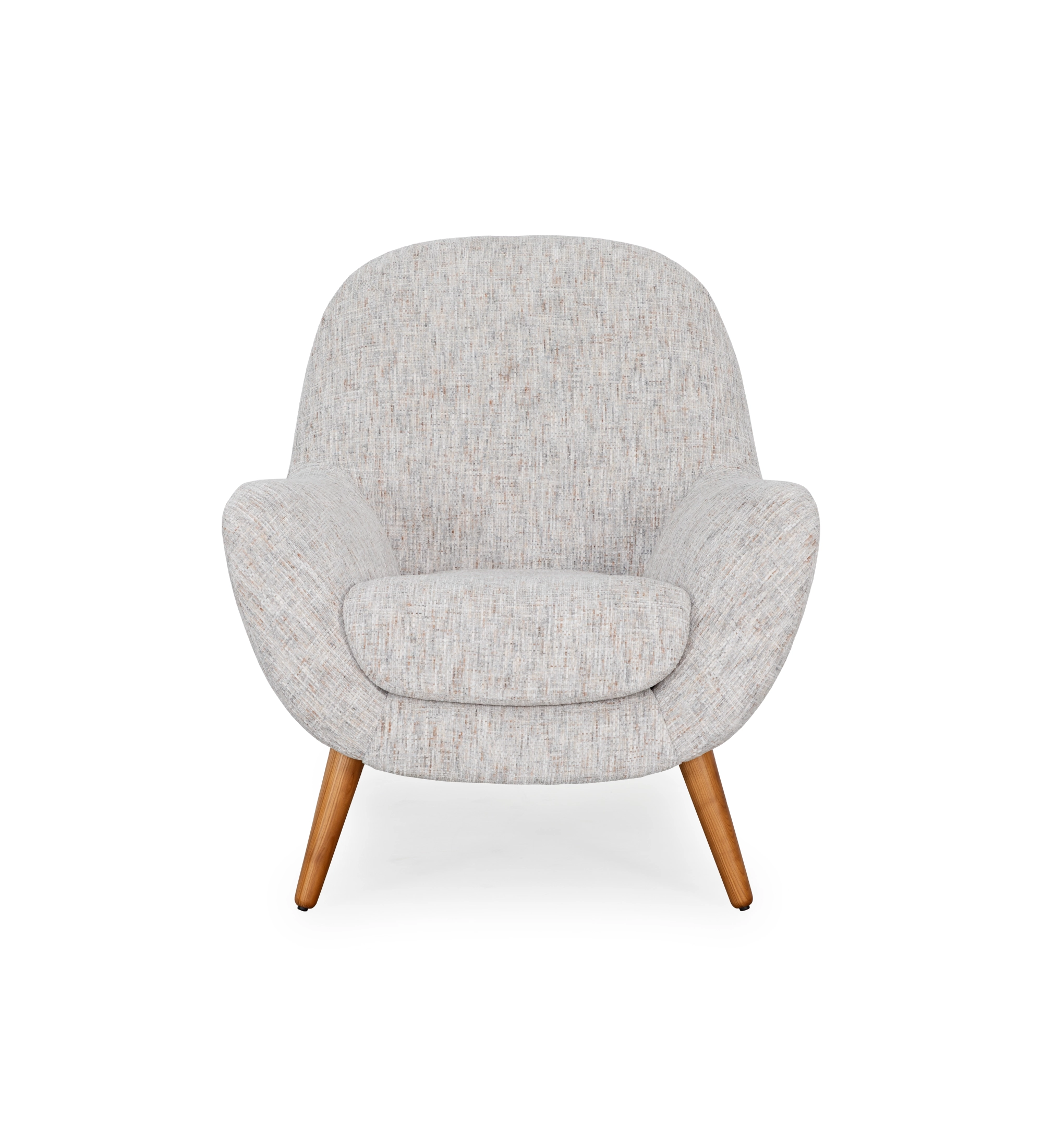 Oslo armchair upholstered in grey velvet-like fabric, with honey-coloured ash wood legs.
