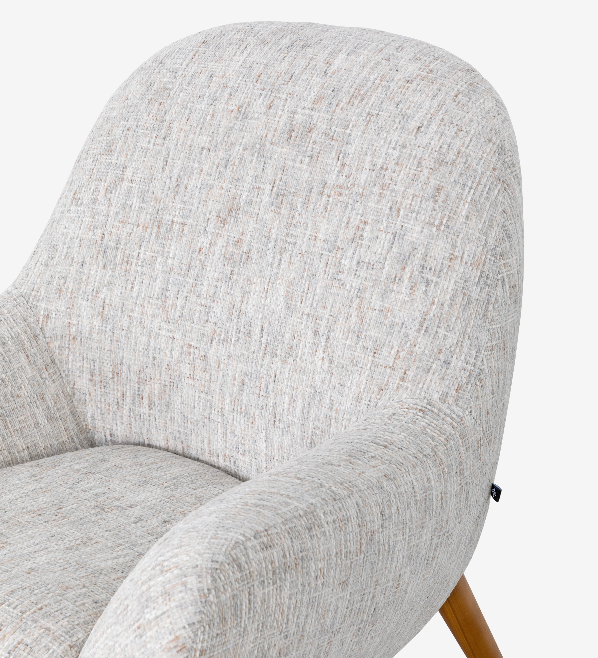 Oslo armchair upholstered in grey velvet-like fabric, with honey-coloured ash wood legs.