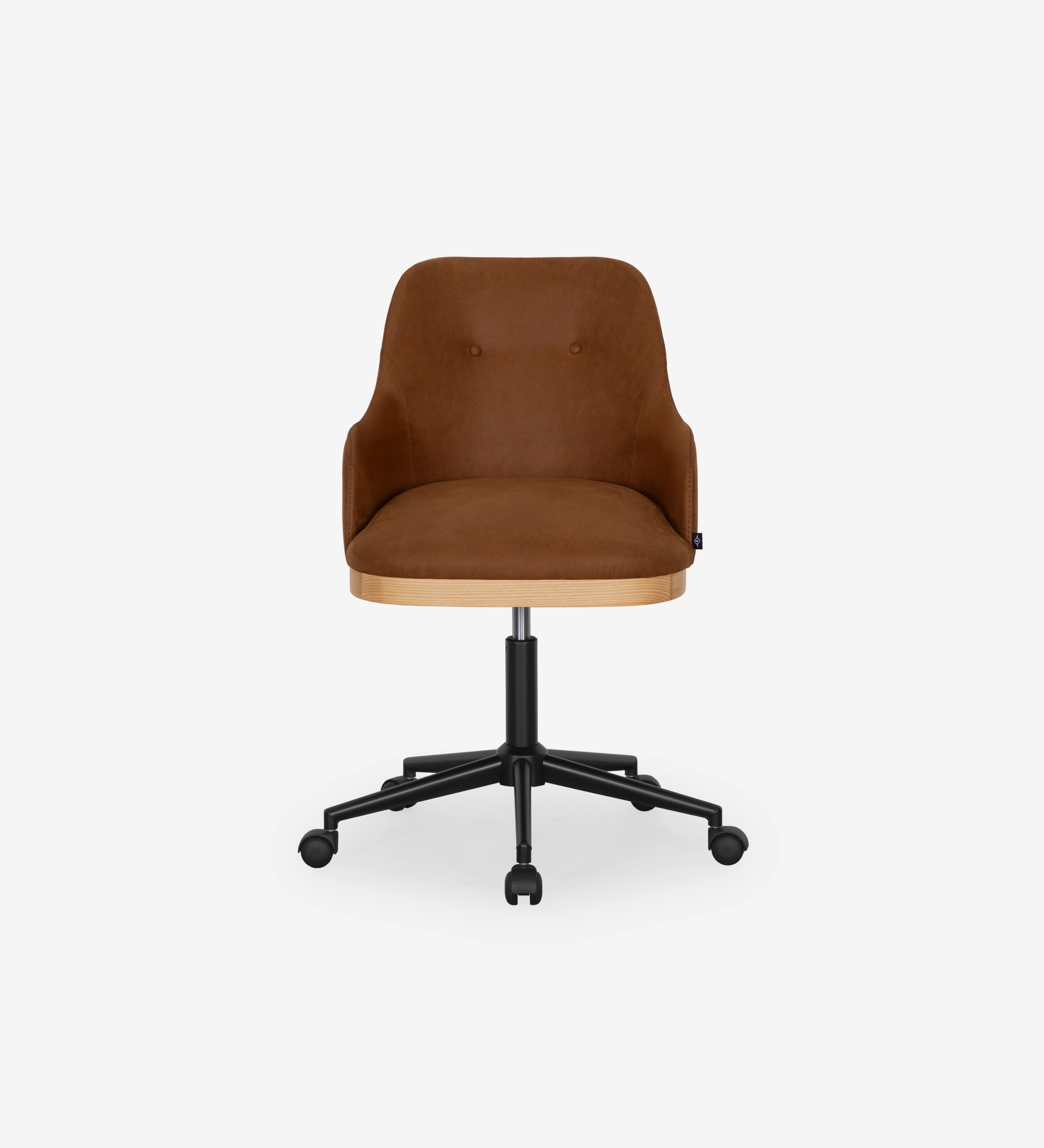 Swivel chair upholstered in brown fabric with detail in natural wood color