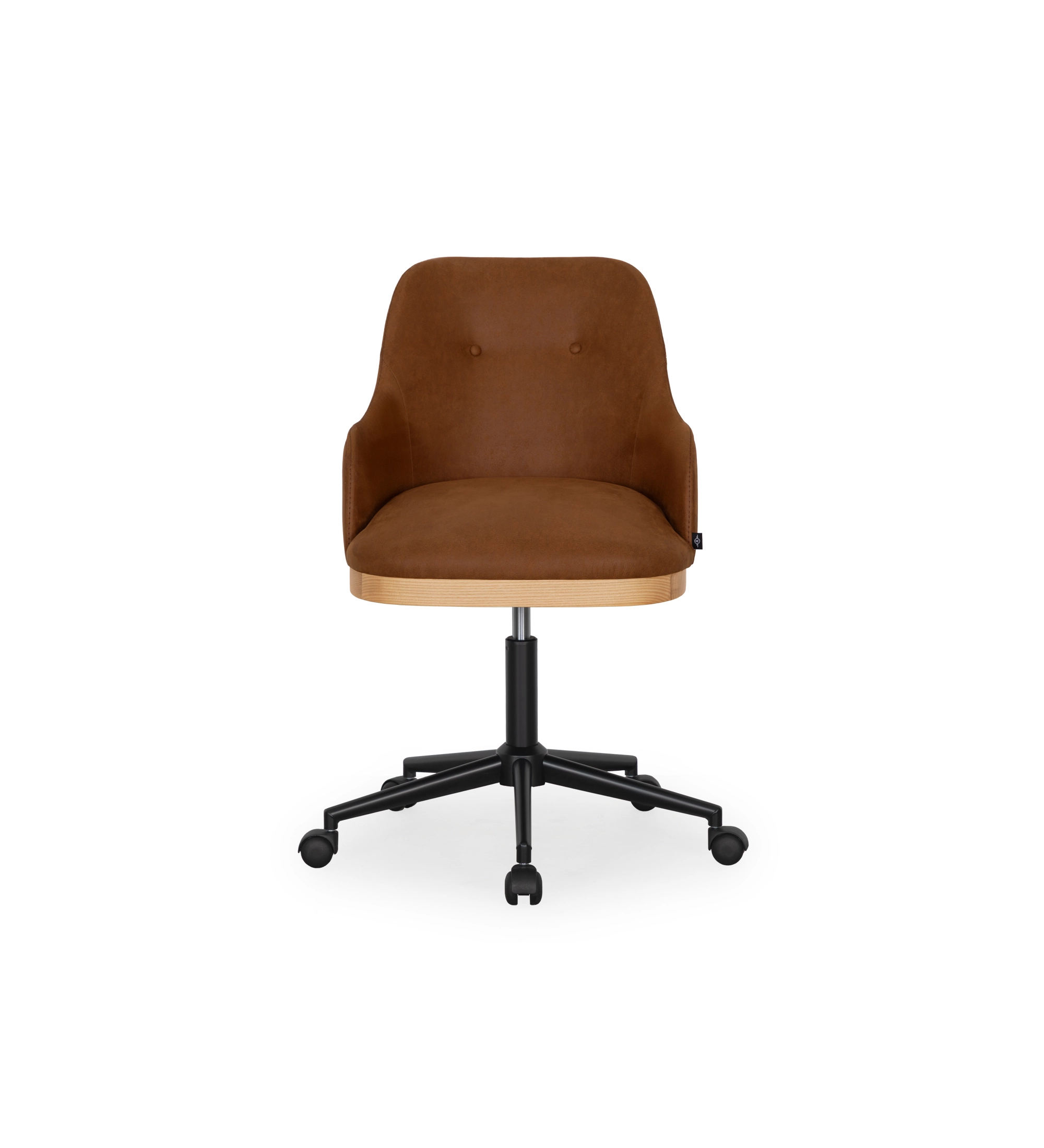 Swivel chair upholstered in brown fabric with detail in natural wood color