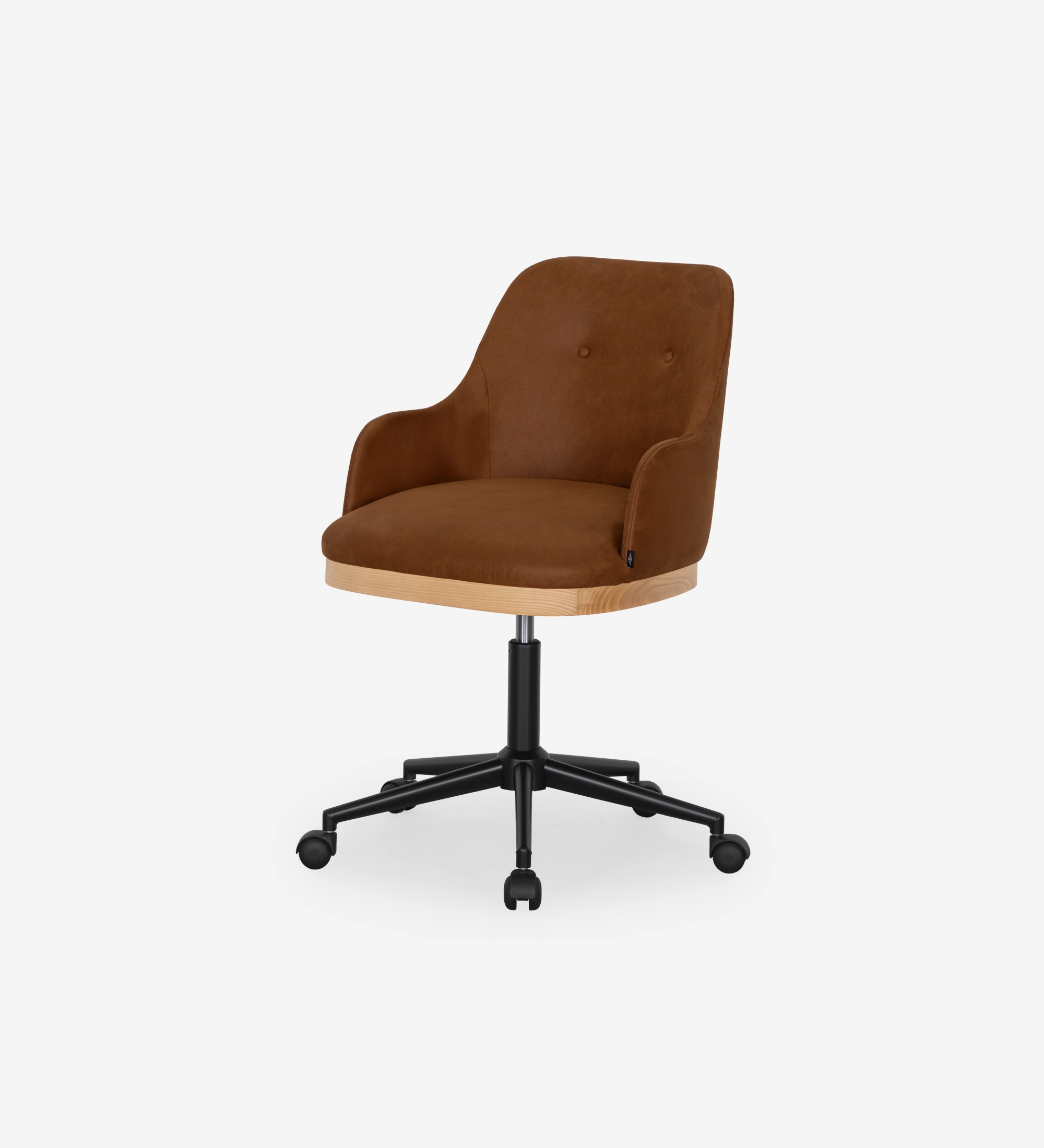 Swivel chair upholstered in brown fabric with detail in natural wood color