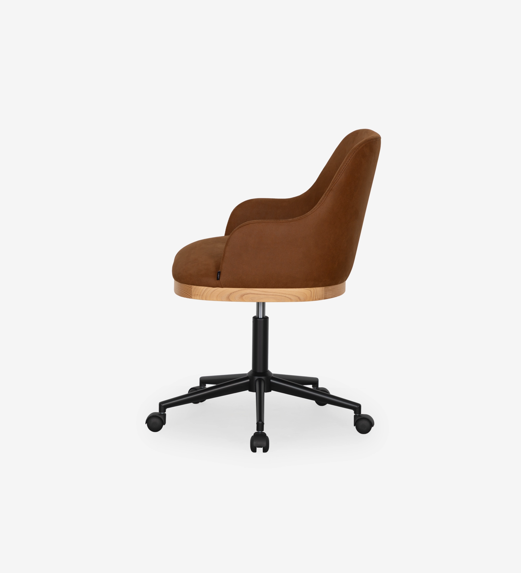 Swivel chair upholstered in brown fabric with detail in natural wood color