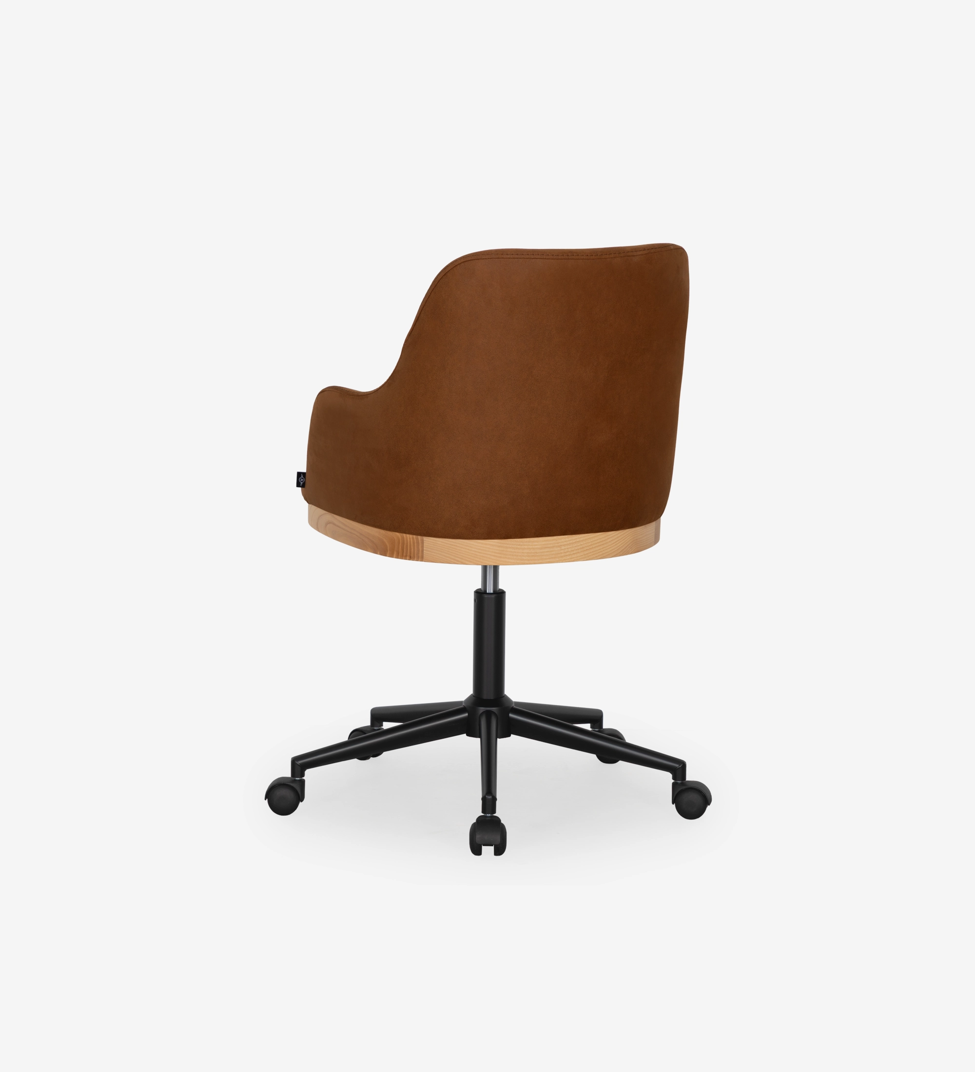 Swivel chair upholstered in brown fabric with detail in natural wood color