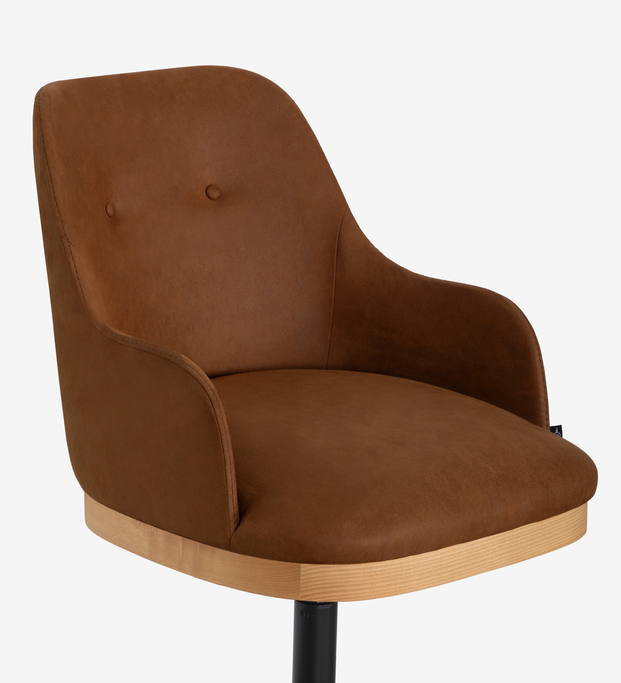 Swivel chair upholstered in brown fabric with detail in natural wood color