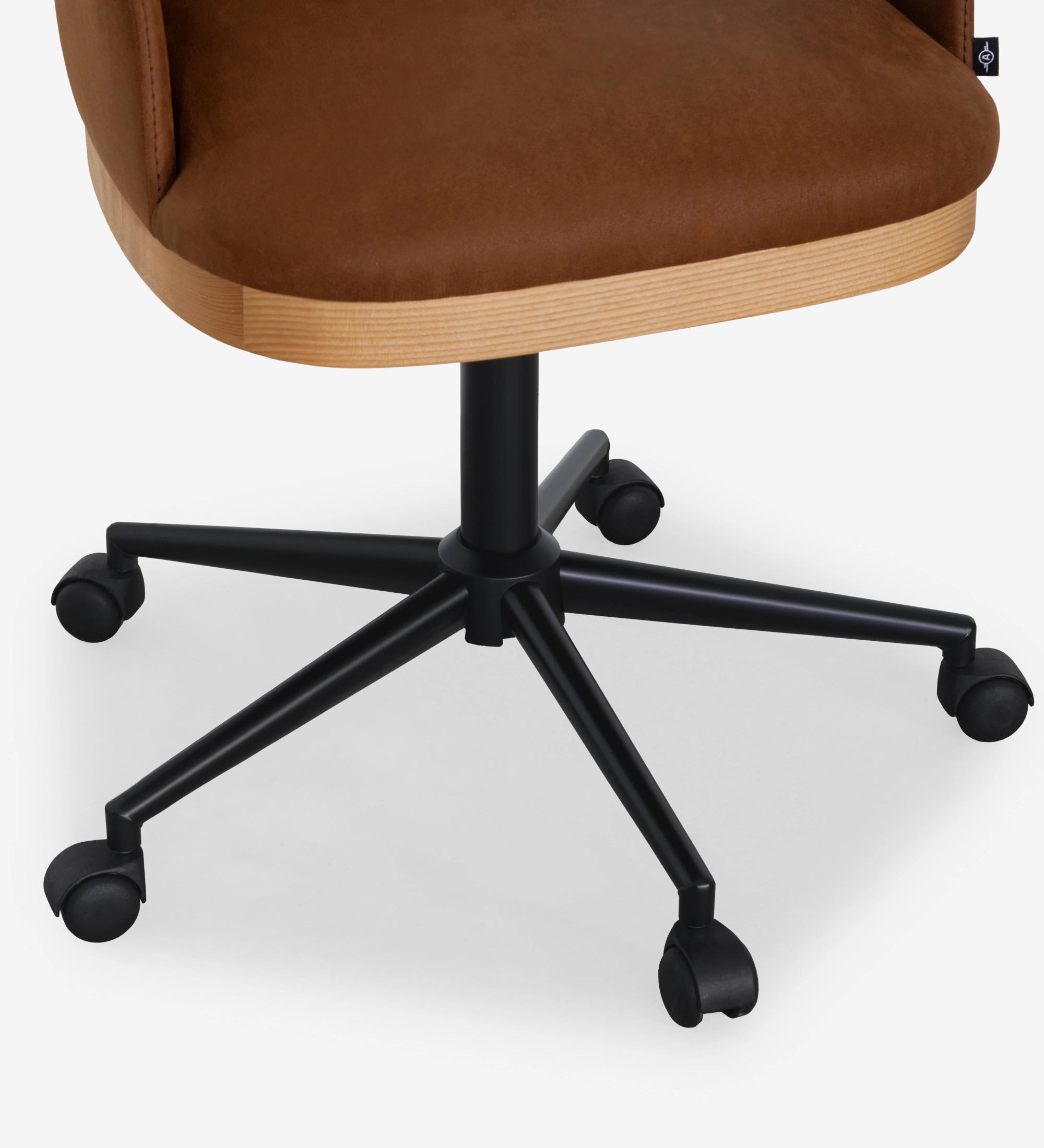 Swivel chair upholstered in brown fabric with detail in natural wood color