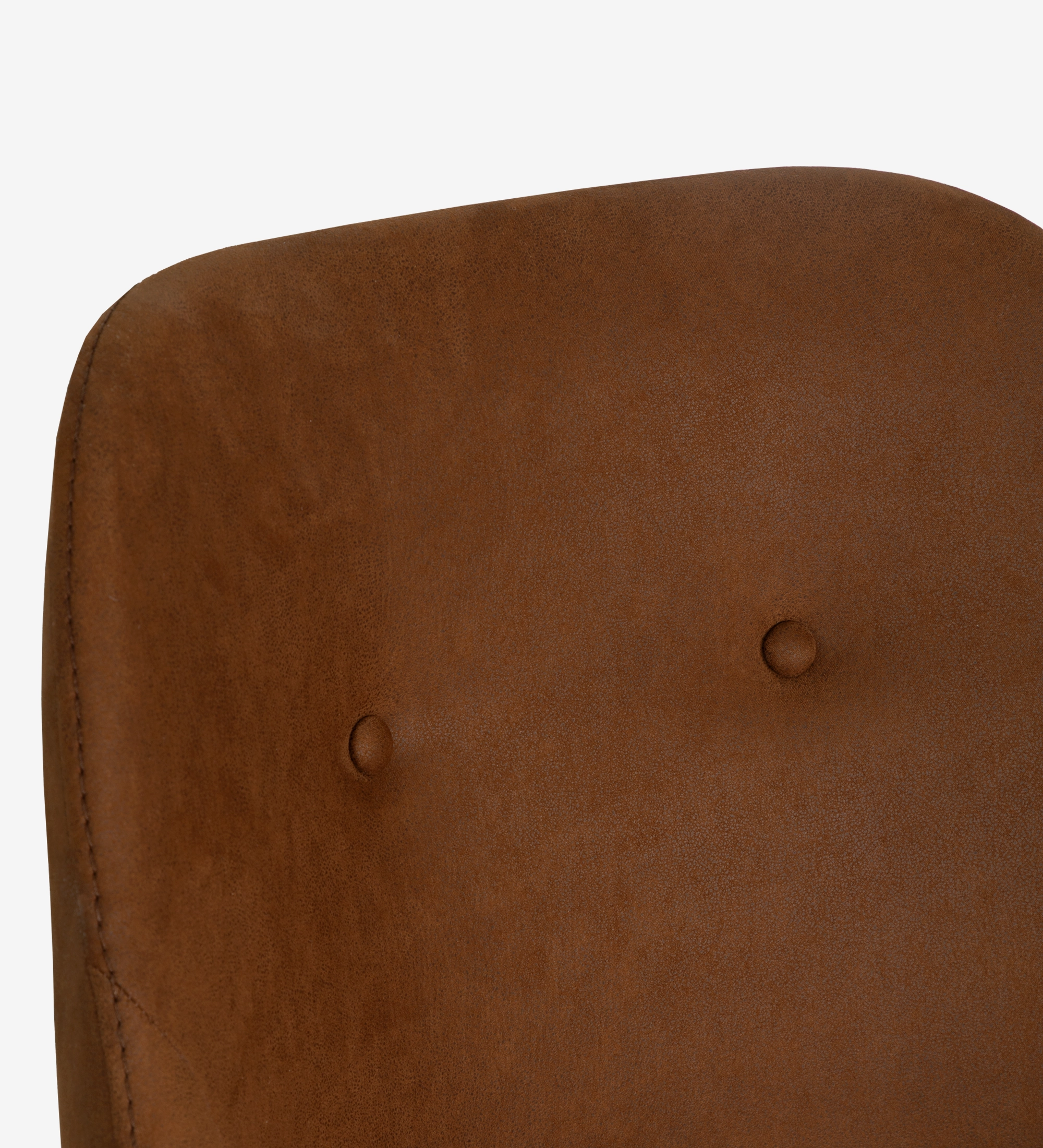 Swivel chair upholstered in brown fabric with detail in natural wood color