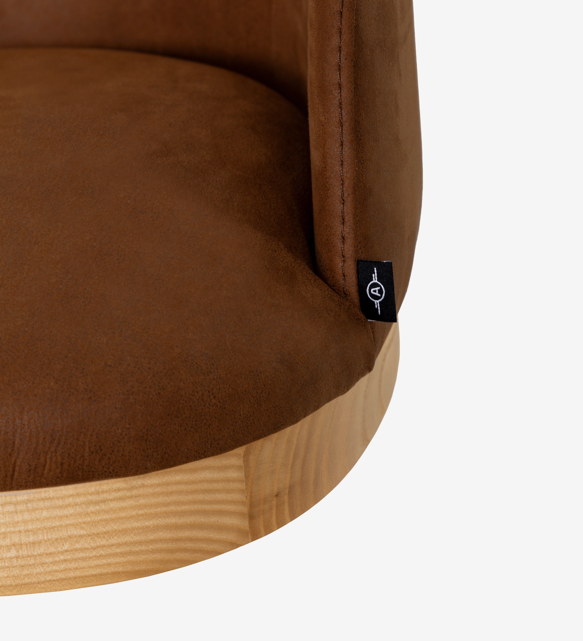 Swivel chair upholstered in brown fabric with detail in natural wood color