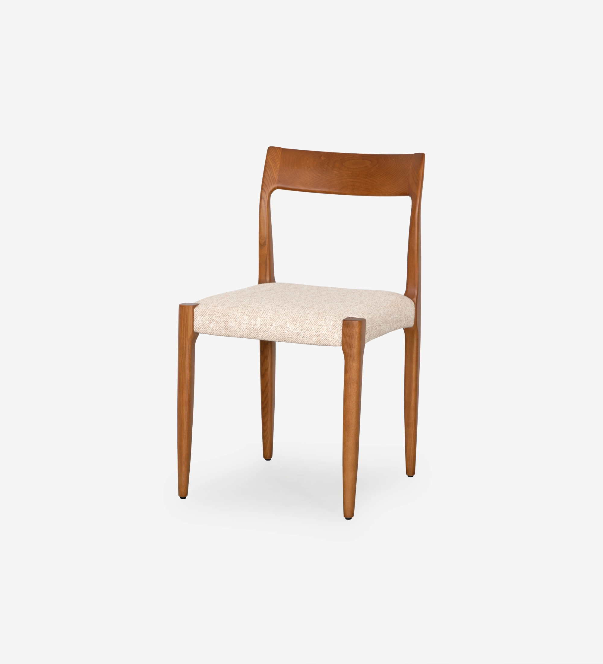 Chair in honey colored ash wood with beige fabric upholstered seat.
