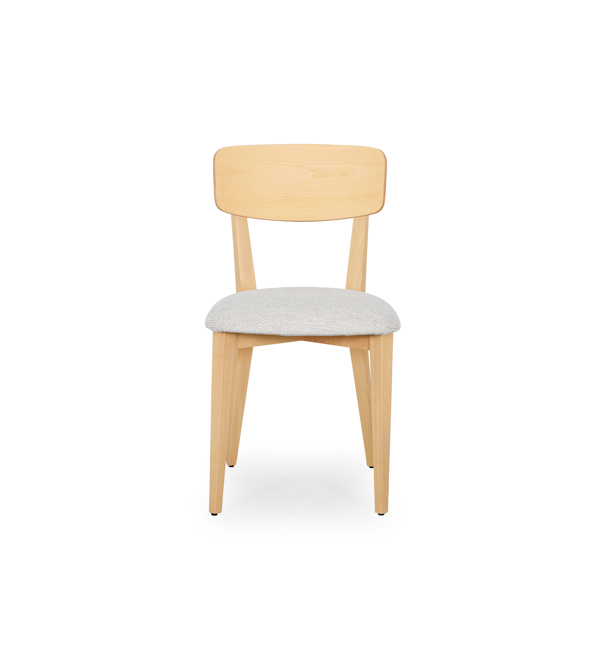 Silla en madera de fresno natural con asiento tapizado en tejido gris claro.