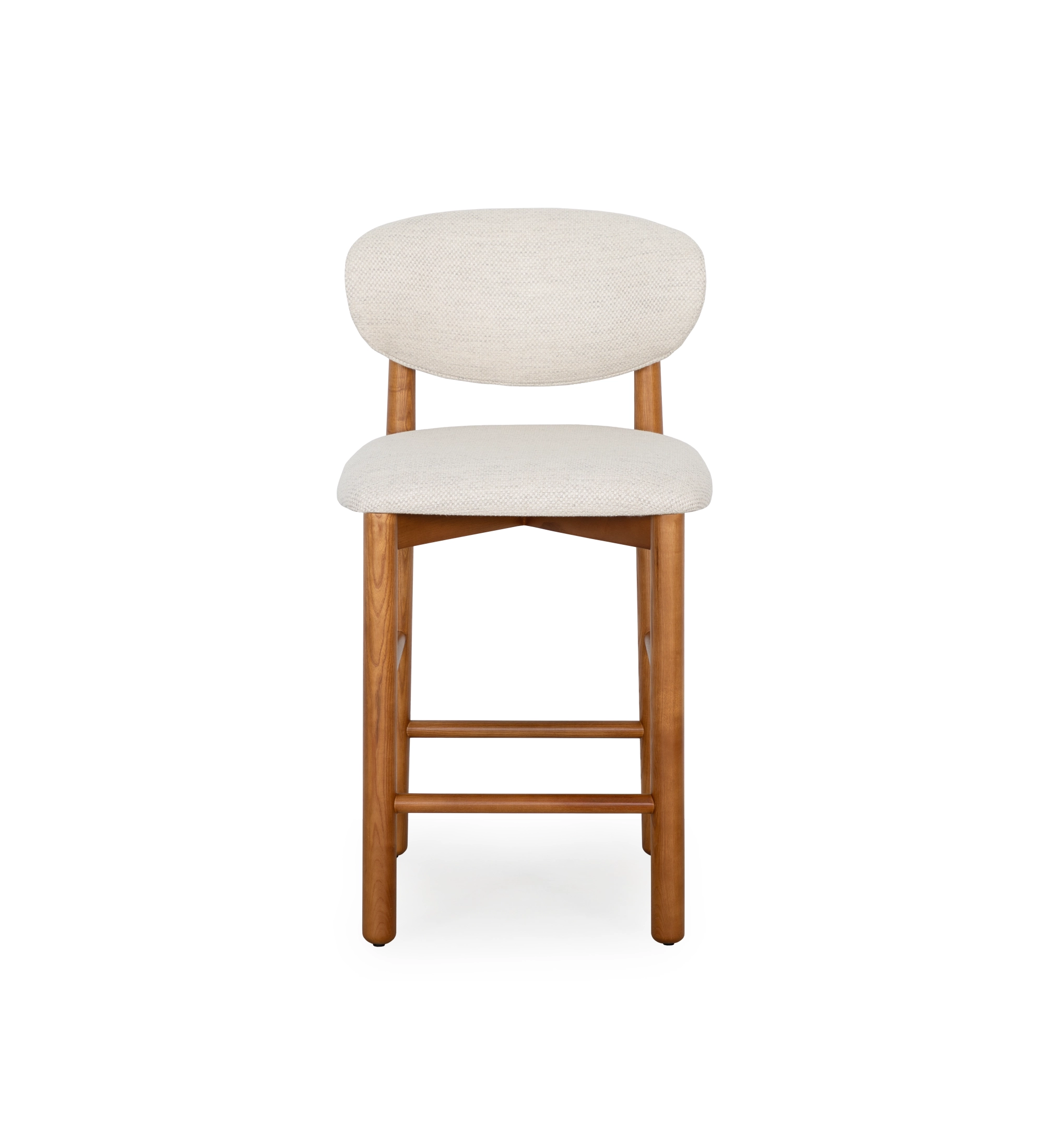 Stool in honey-colored ash wood, with seat and backrest upholstered in beige fabric.
