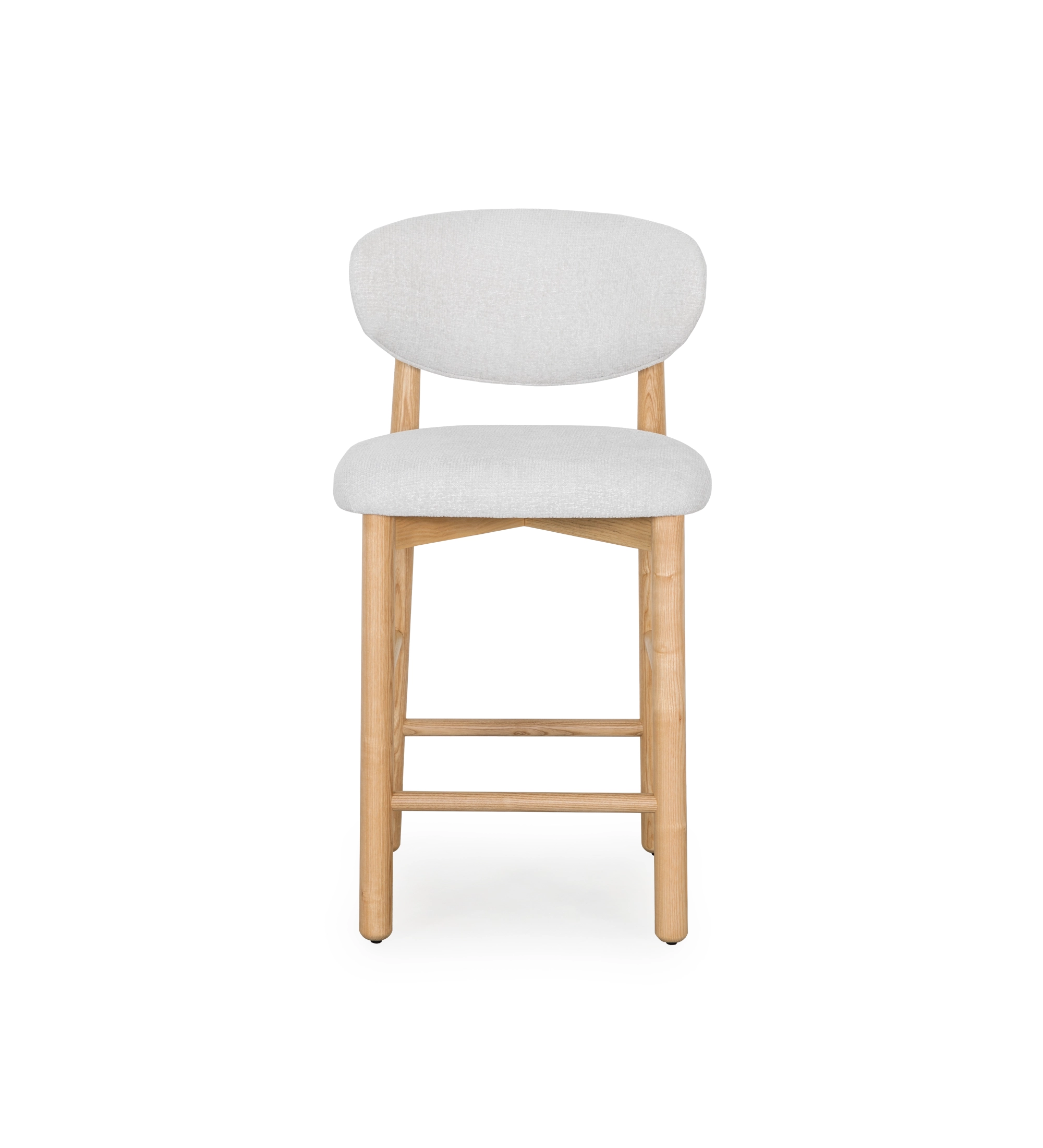Stool in natural ash wood, with seat and backrest upholstered in pearl fabric.