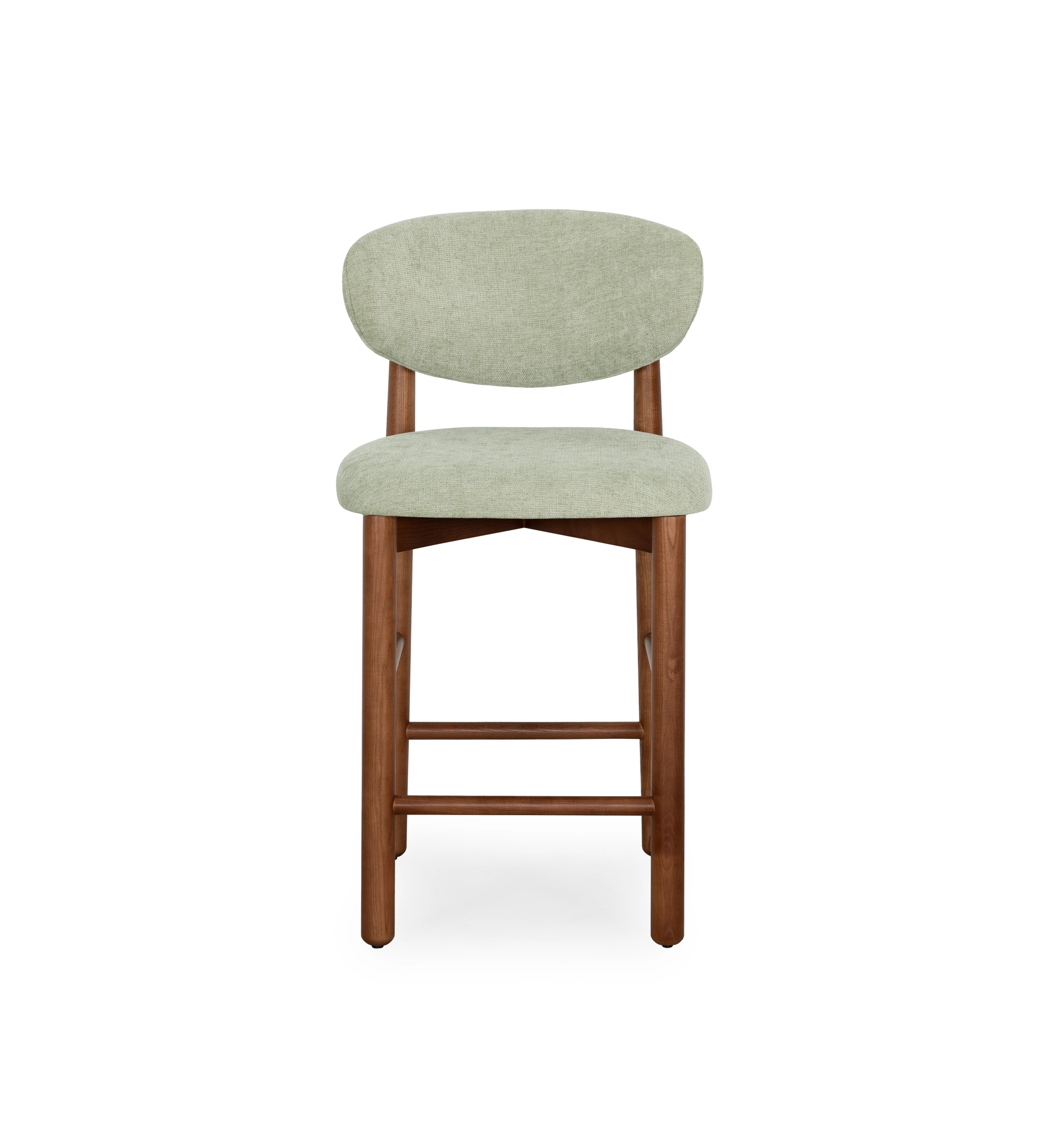 Stool in walnut-colored ash wood, with seat and backrest upholstered in green fabric.