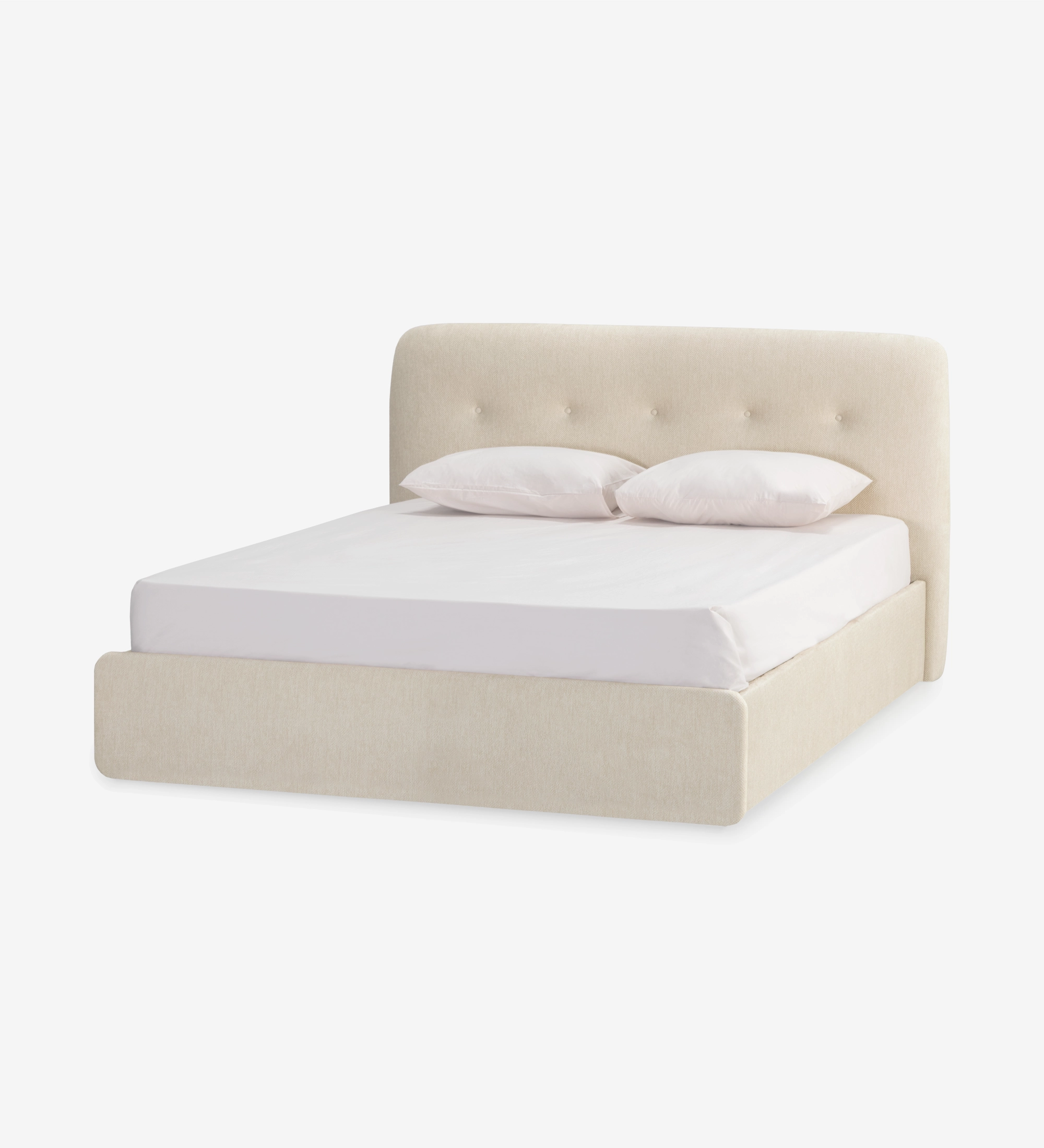 Cama de casal com cabeceira curta, estofada a tecido bege.