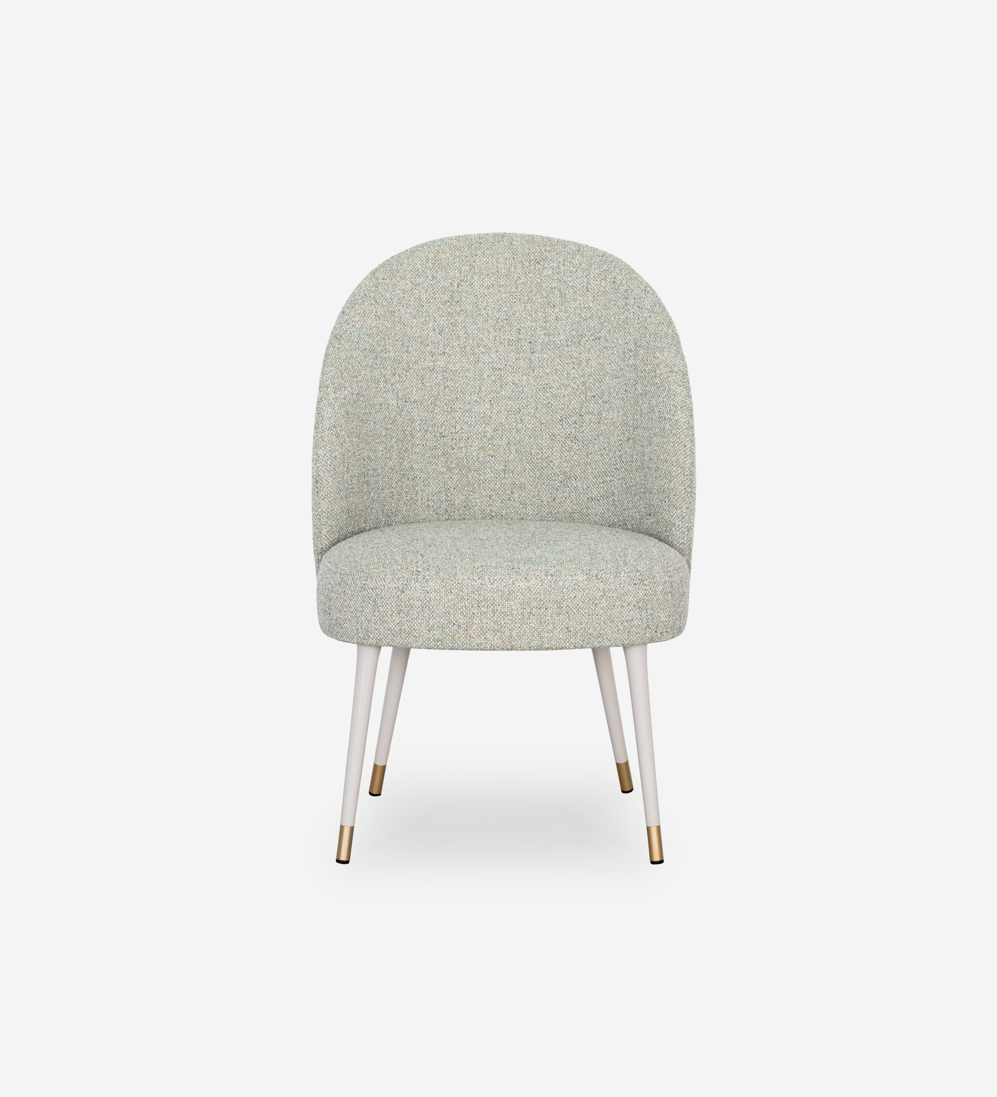 Geneve armchair upholstered in green fabric, pearl lacquered feet and golden detail.