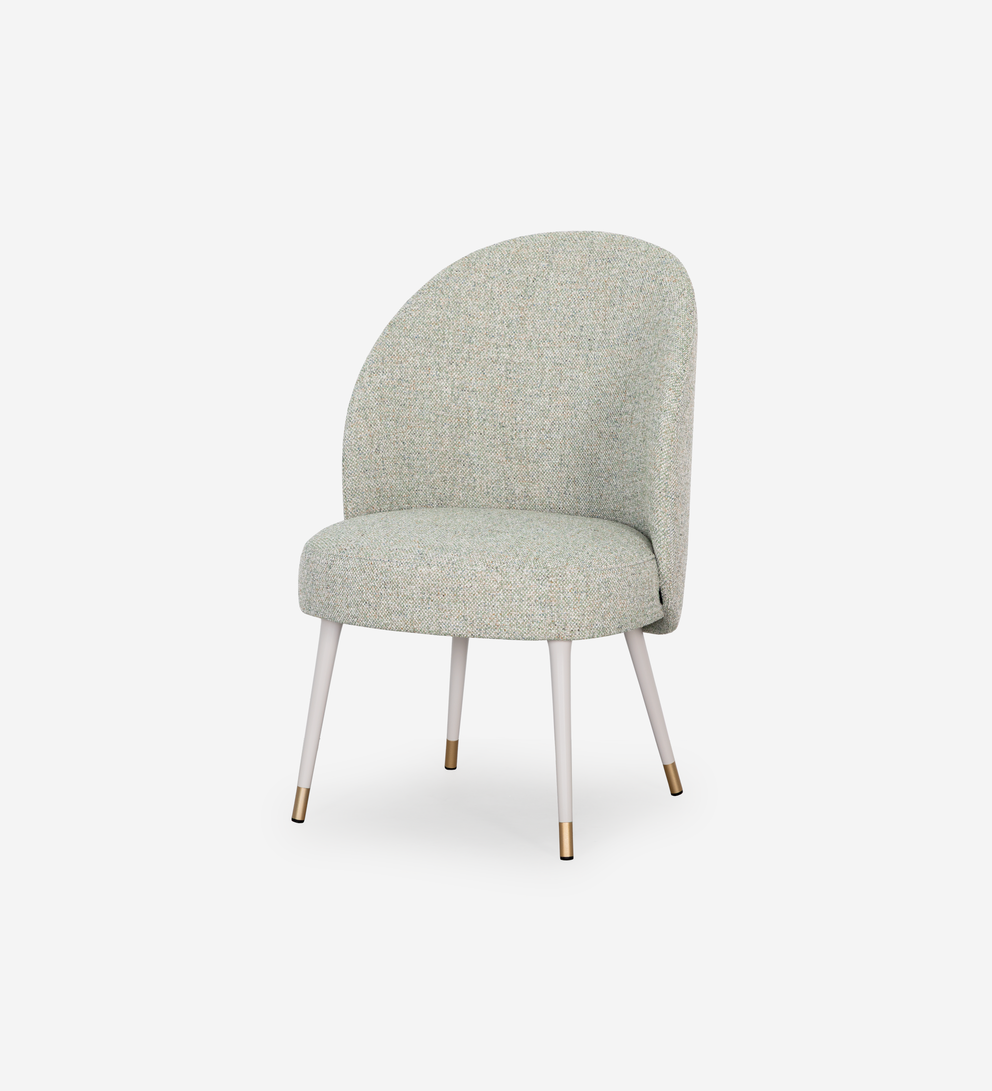 Geneve armchair upholstered in green fabric, pearl lacquered feet and golden detail.