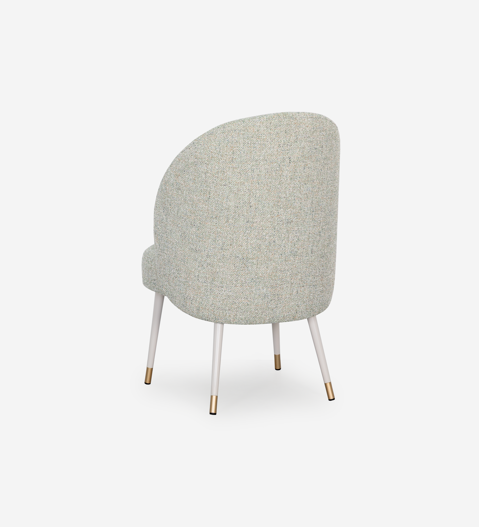 Geneve armchair upholstered in green fabric, pearl lacquered feet and golden detail.