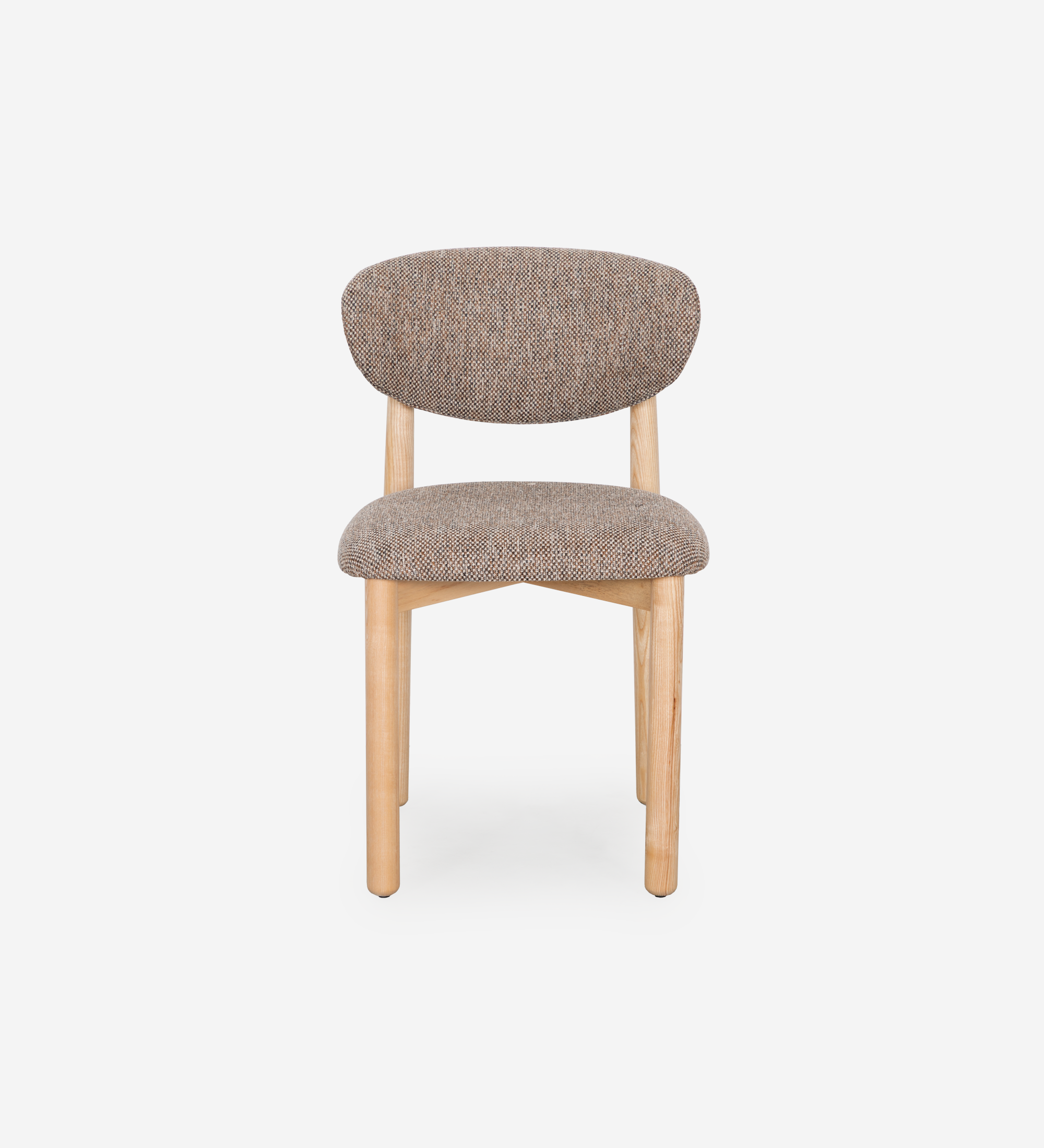 Chair in natural ash wood, with seat and backrest upholstered in multicolored fabric, primarily brown and pearl.