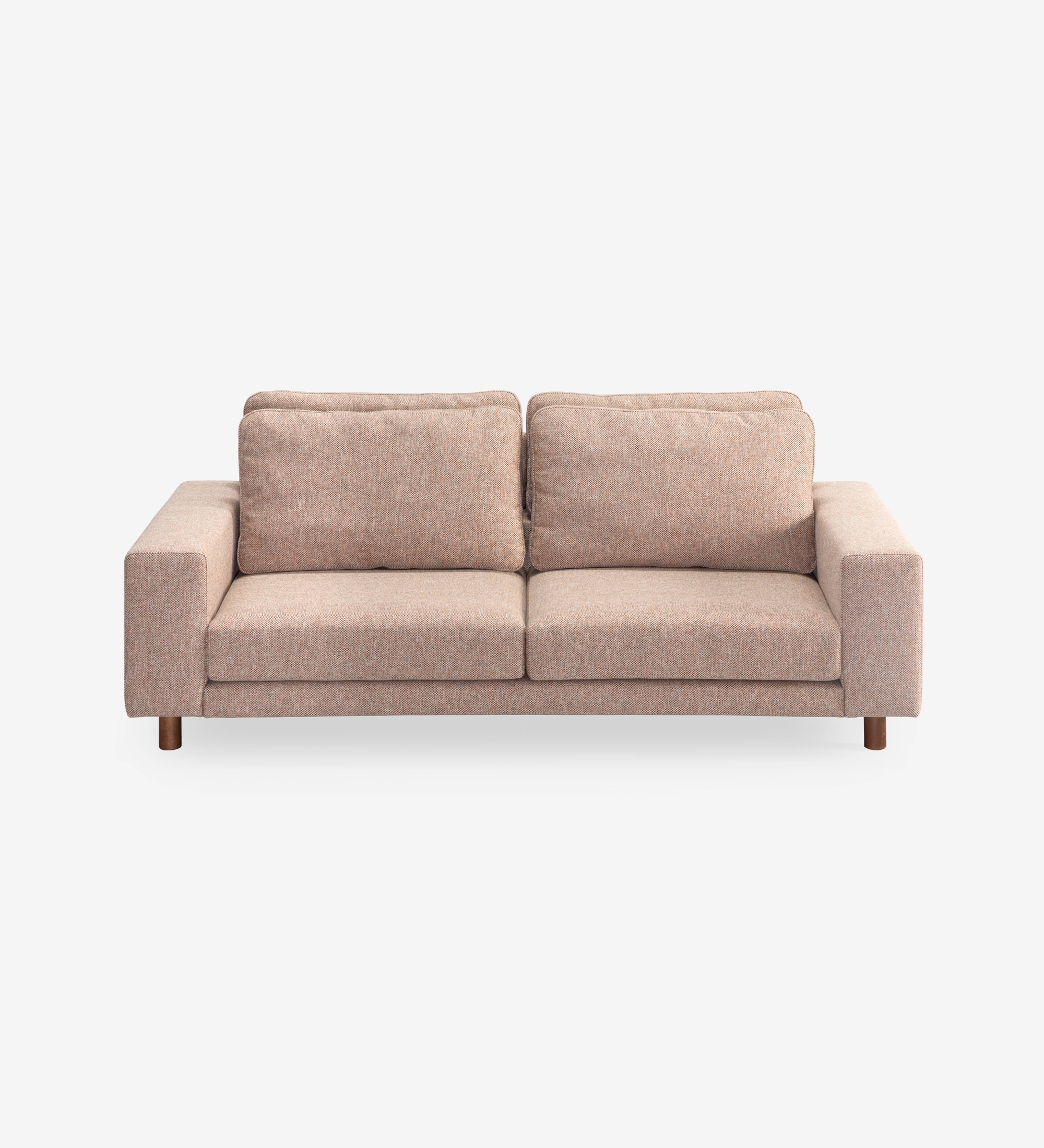 Dallas 3-seater sofa upholstered in multicolored fabric, primarily orange and pearl, folding back cushions, walnut color ash wood feet, 225 cm.